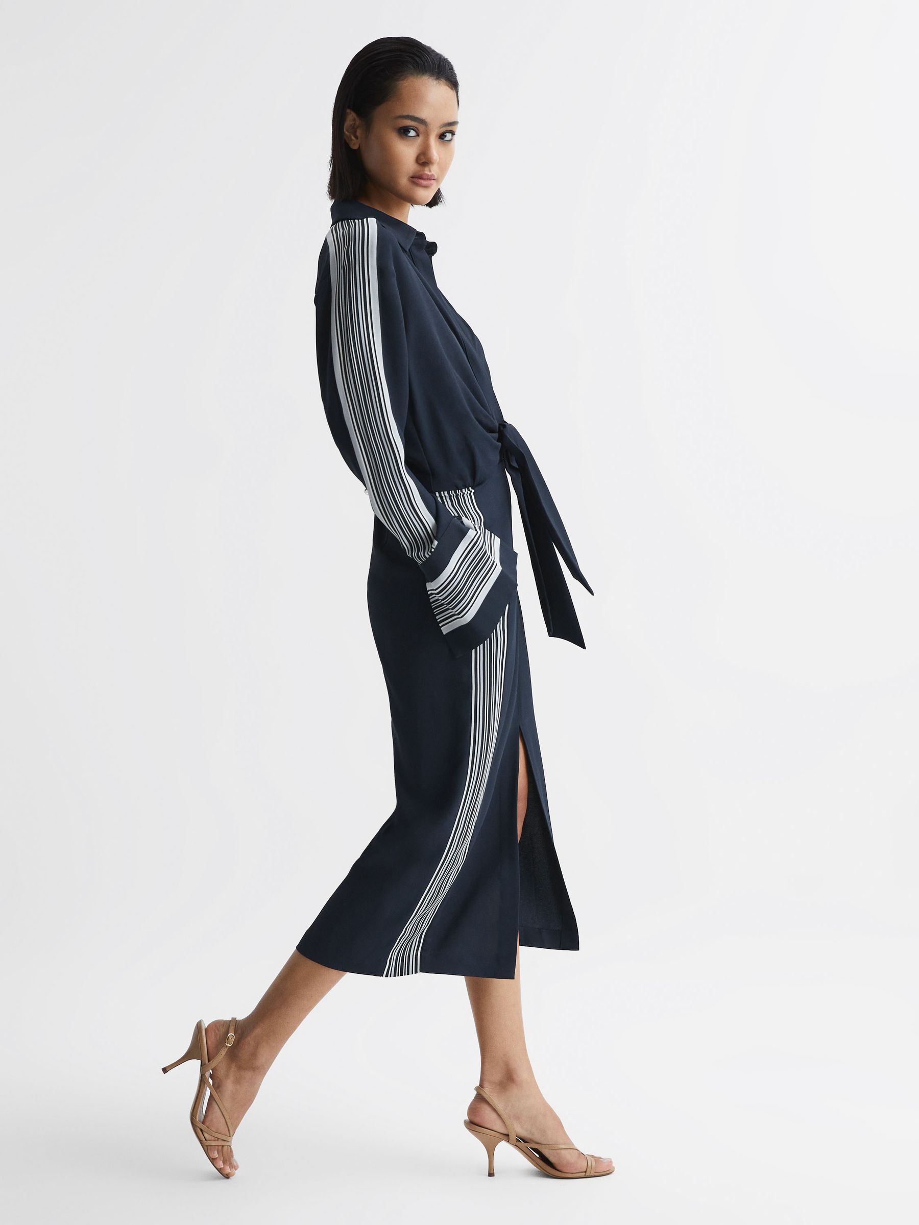 Petite Side Stripe Tie Front Midi Dress in Navy - Image 7 of 8