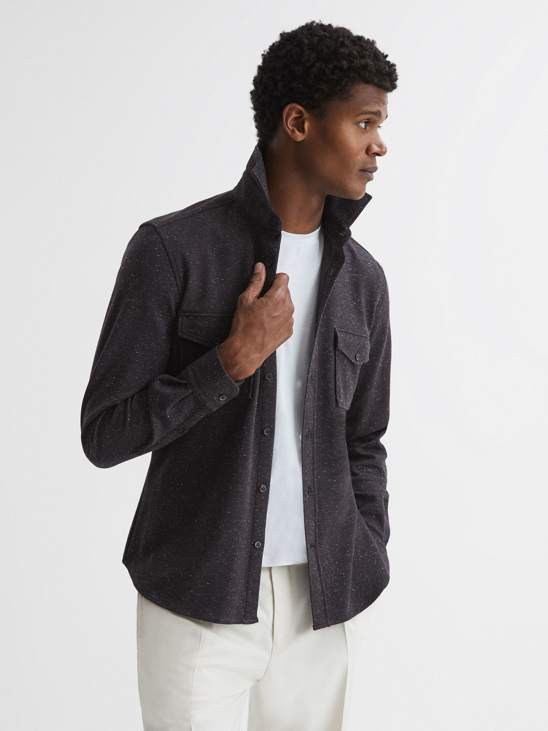 Slim Fit Flecked Overshirt in Black - Image 1 of 7