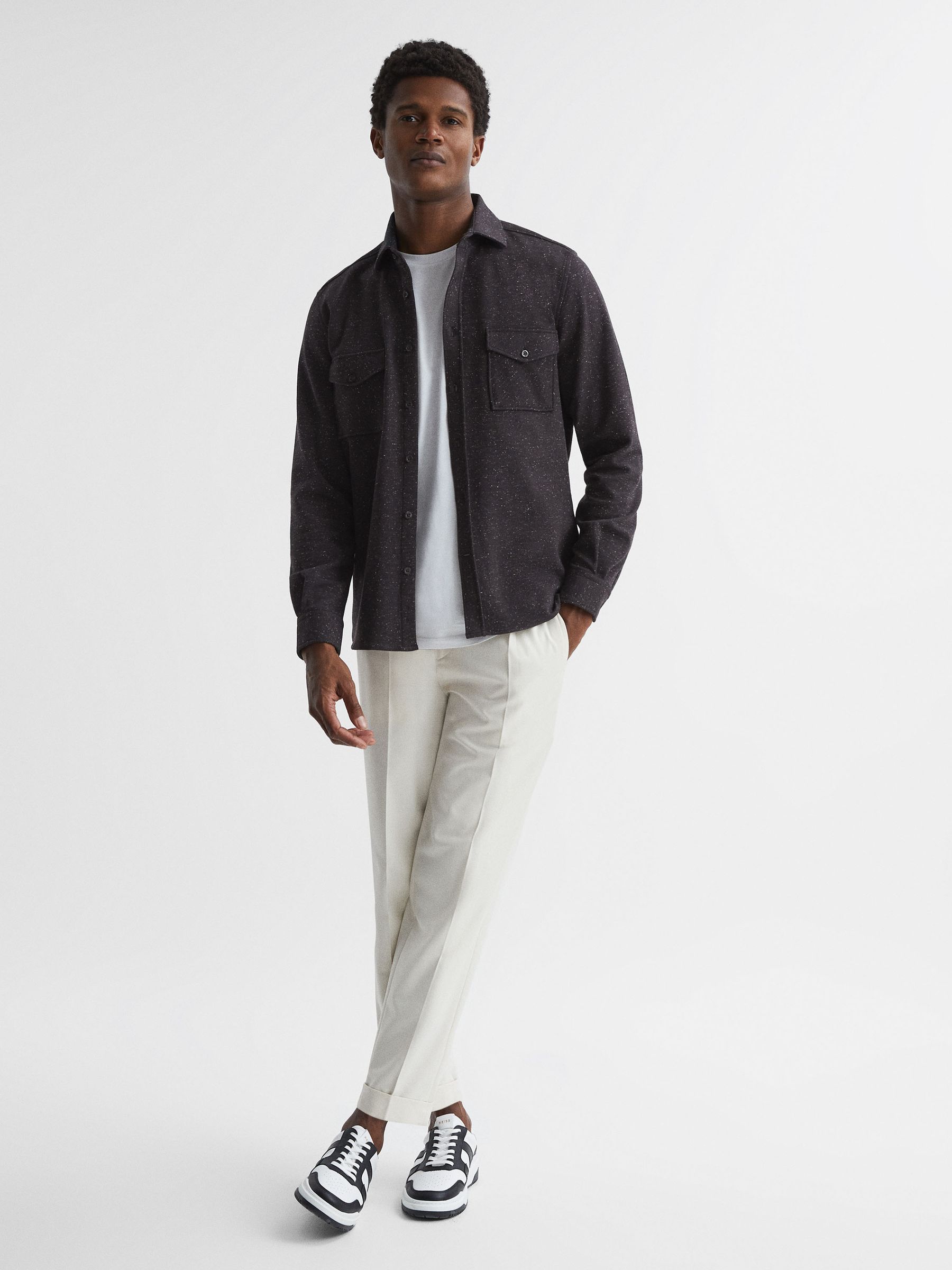 Slim Fit Flecked Overshirt in Black - Image 3 of 7