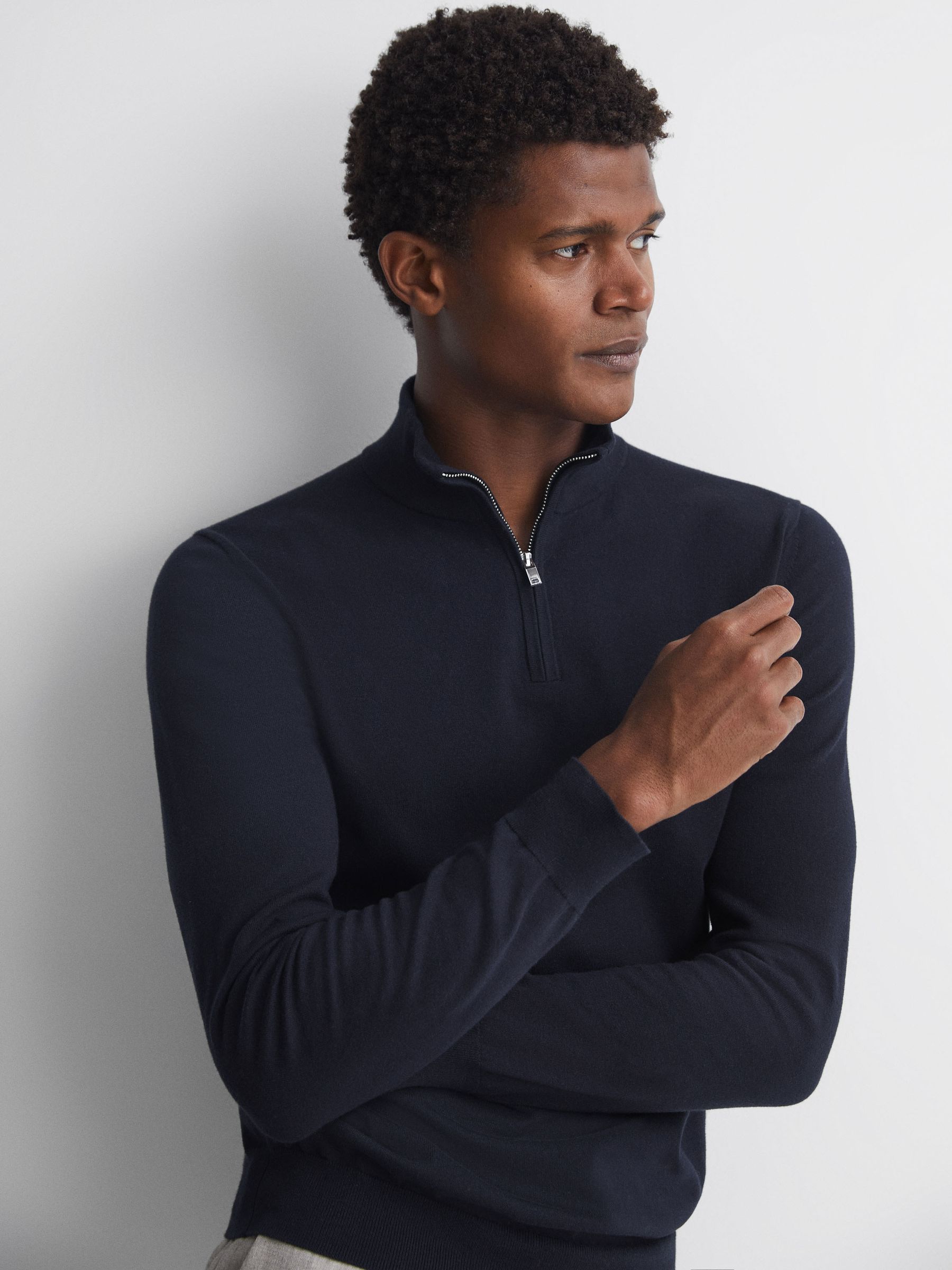 Half Zip Funnel Neck Cotton Jumper in Navy - Image 1 of 5