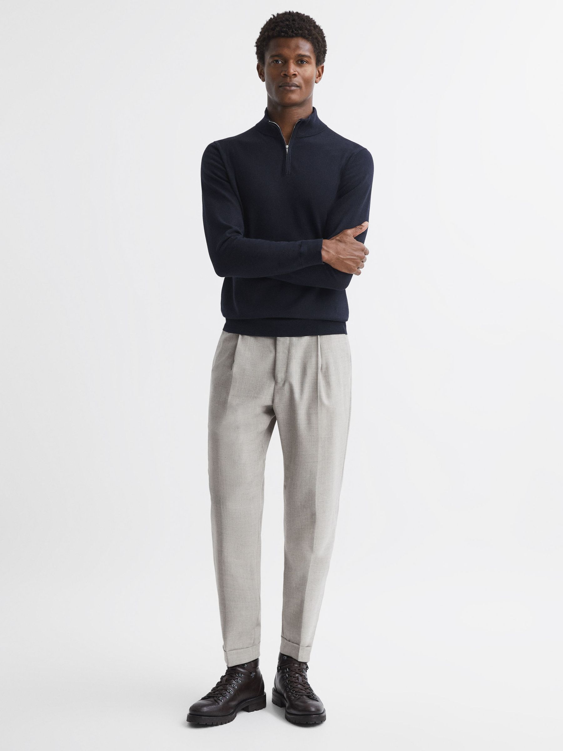 Reiss Half Zip Funnel Neck Cotton Jumper in Navy - REISS