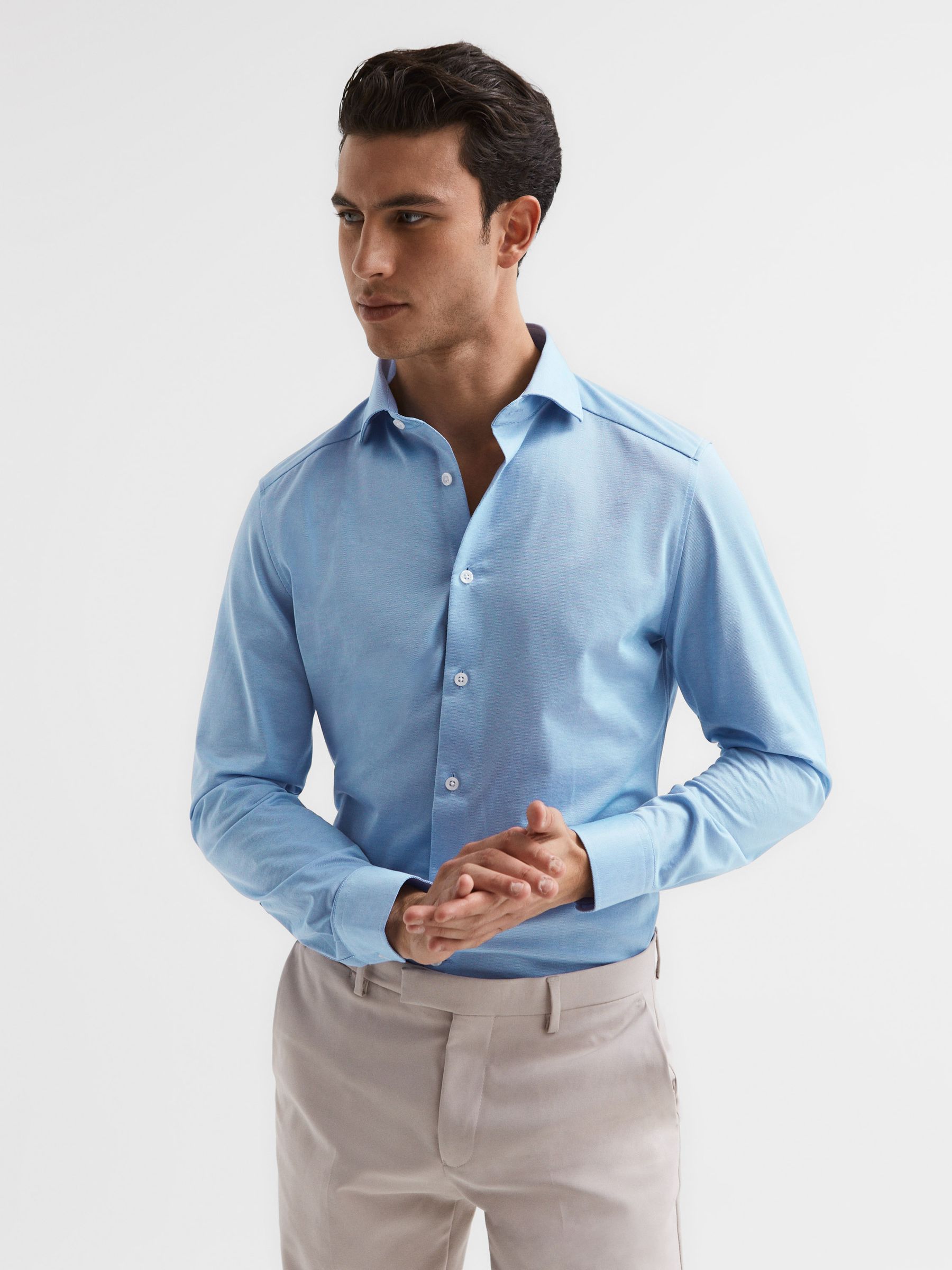 Nate Soft Blue Cutaway Collar Jersey Slim Fit Shirt - Image 1 of 7