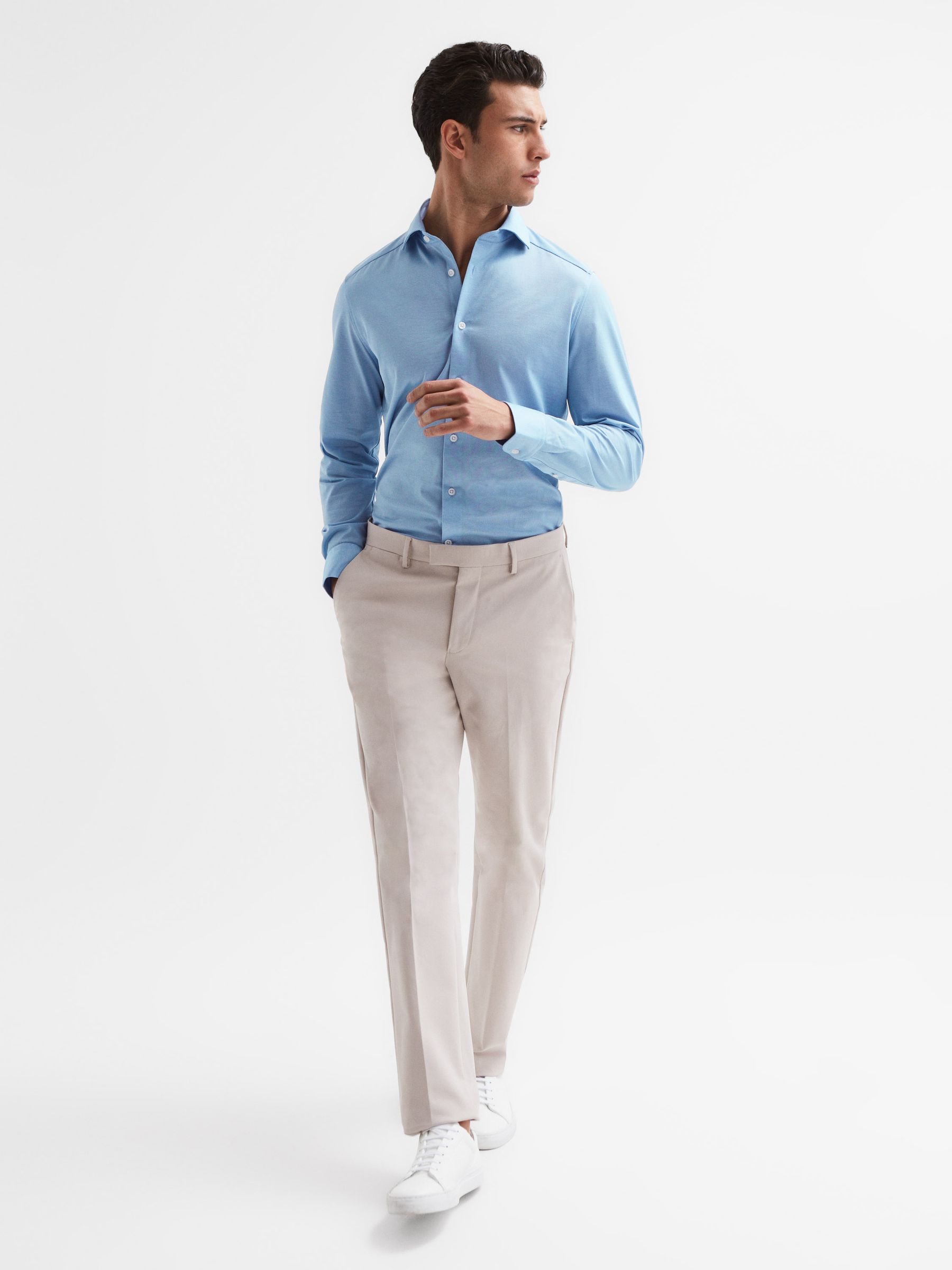 Nate Soft Blue Cutaway Collar Jersey Slim Fit Shirt - Image 3 of 7