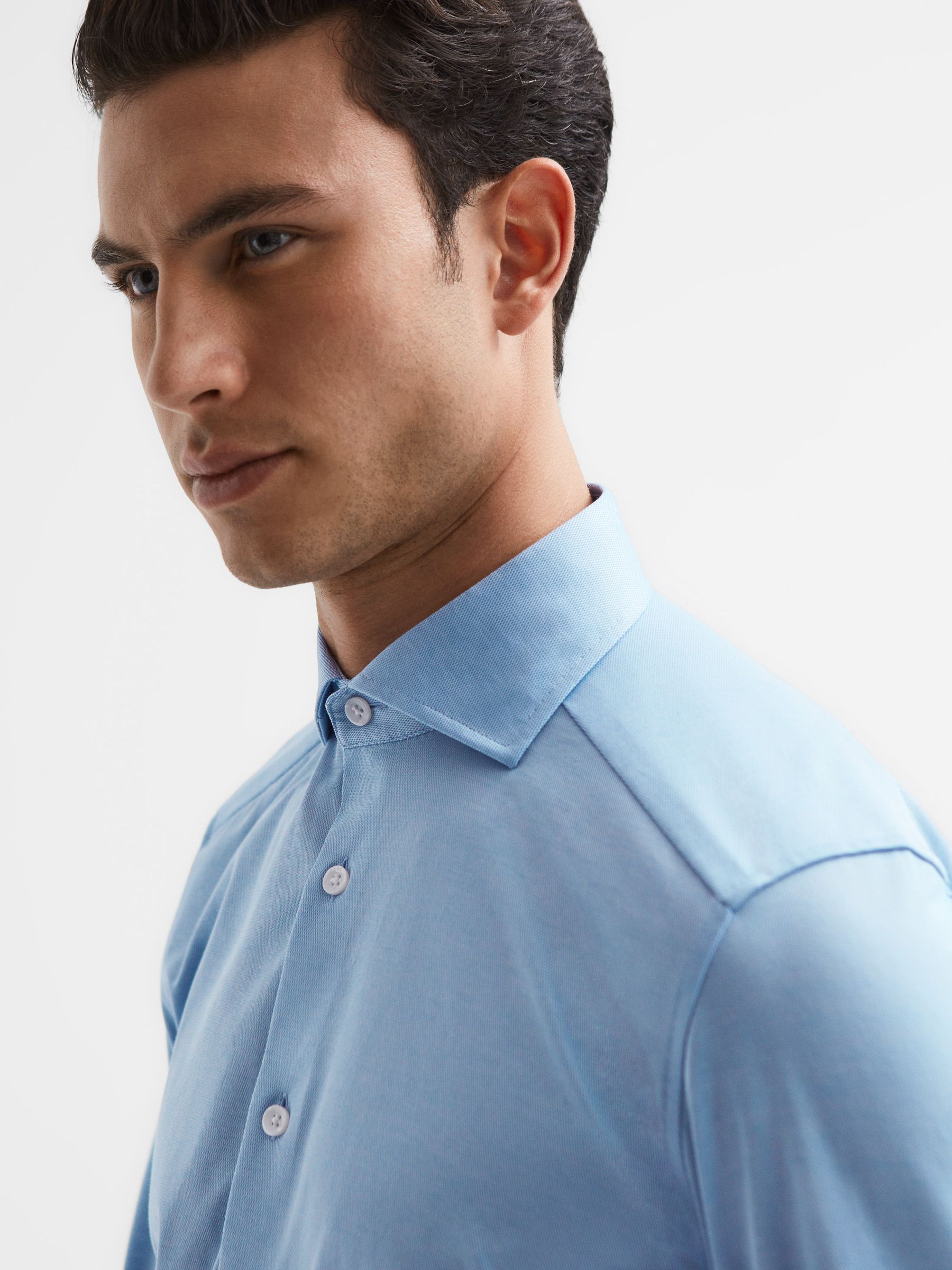 Nate Soft Blue Cutaway Collar Jersey Slim Fit Shirt - Image 6 of 7