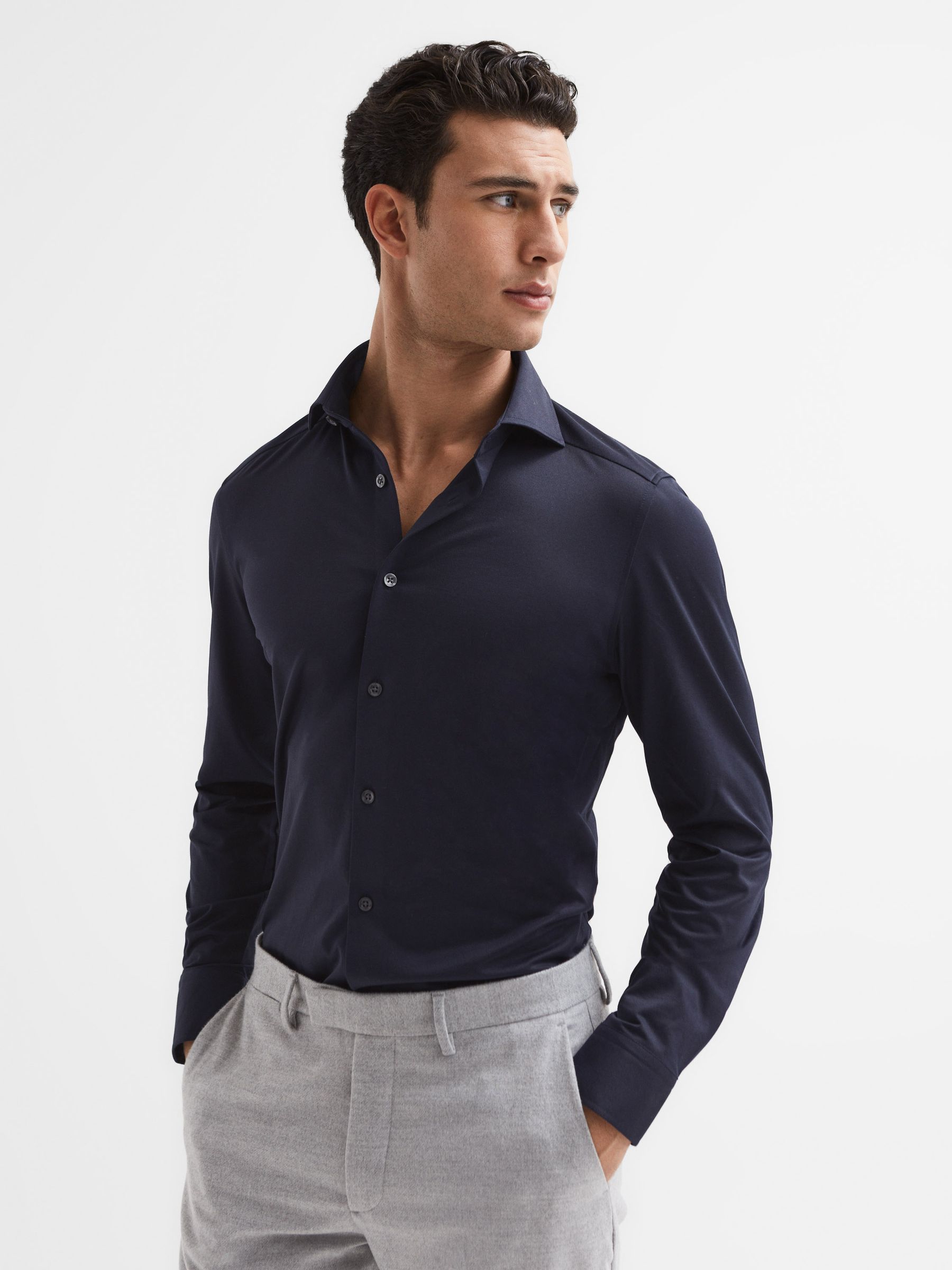 Nate Navy Cutaway Collar Jersey Slim Fit Shirt - Image 1 of 7