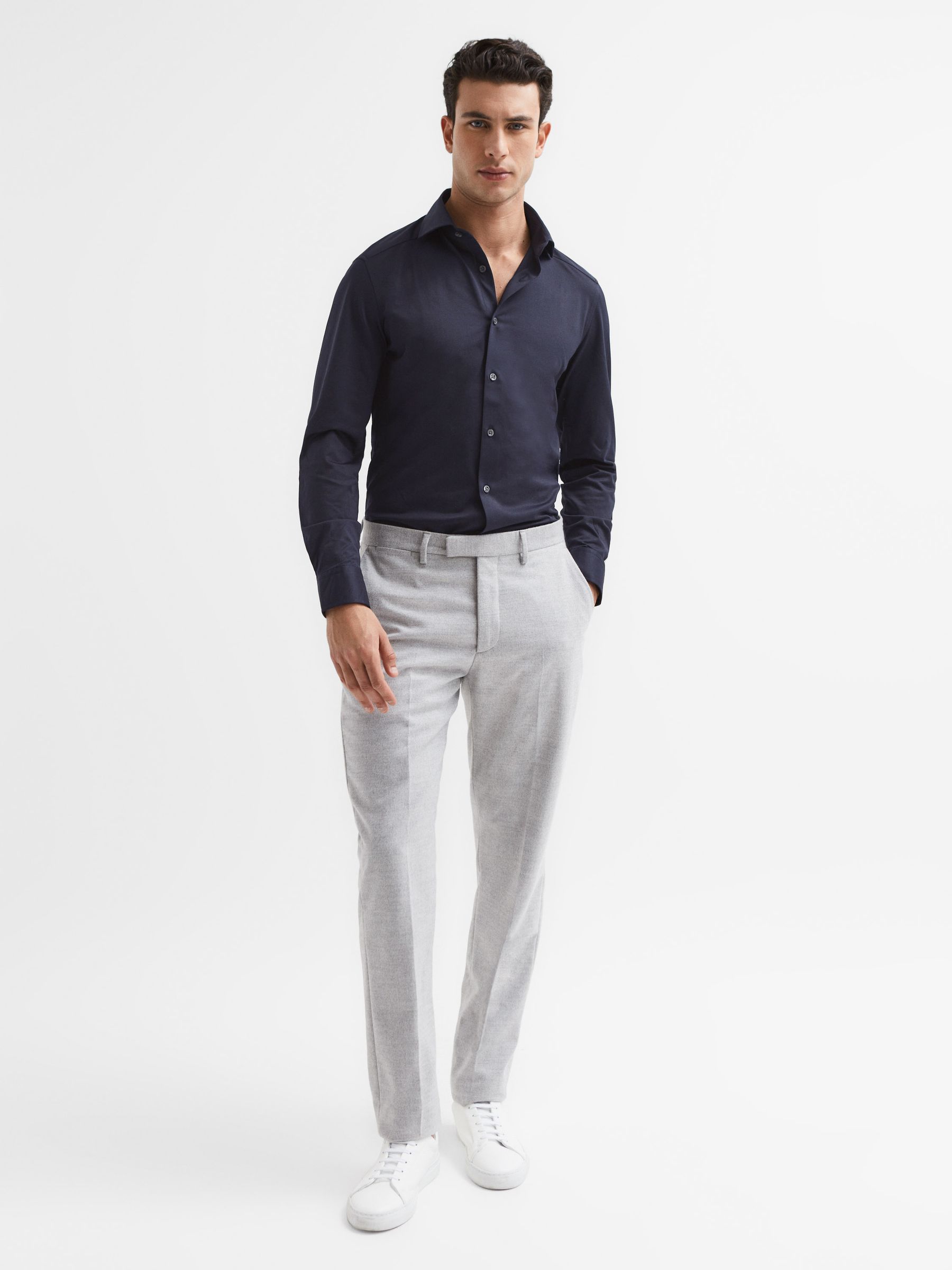 Nate Navy Cutaway Collar Jersey Slim Fit Shirt - Image 3 of 7