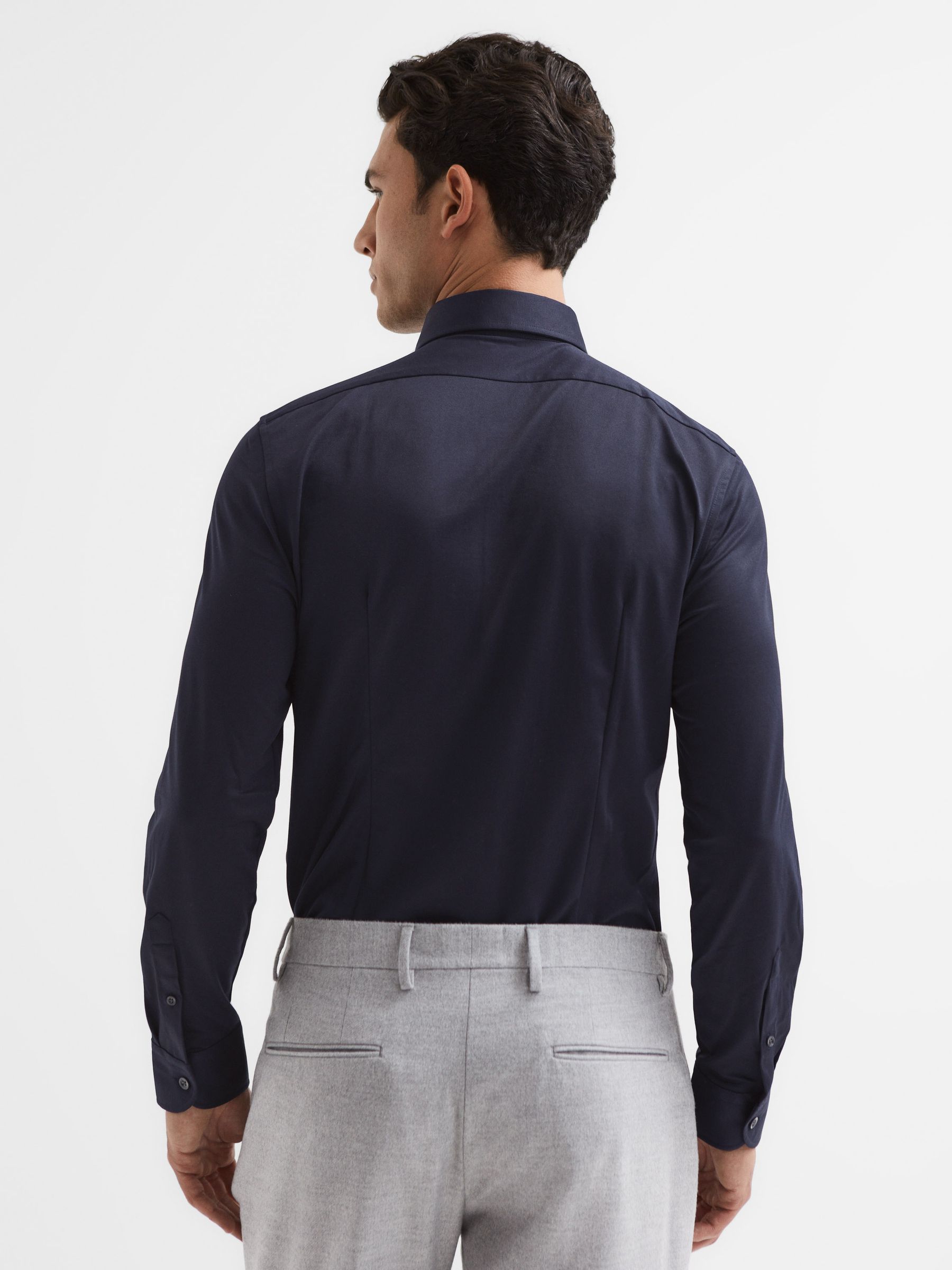 Nate Navy Cutaway Collar Jersey Slim Fit Shirt - Image 5 of 7