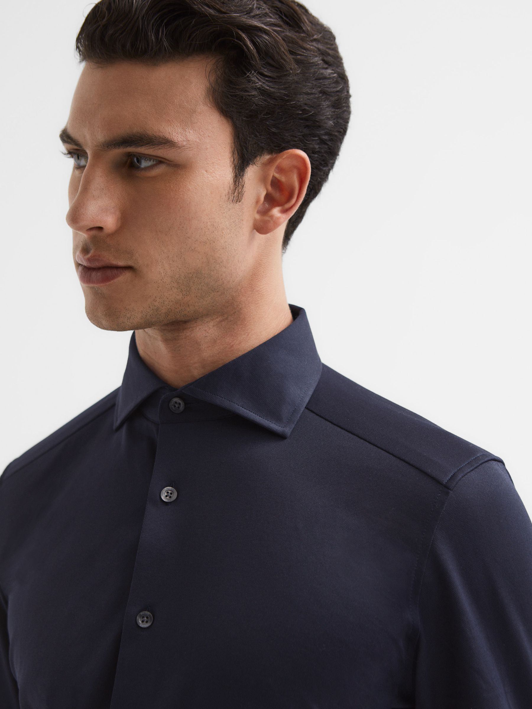 Nate Navy Cutaway Collar Jersey Slim Fit Shirt - Image 6 of 7