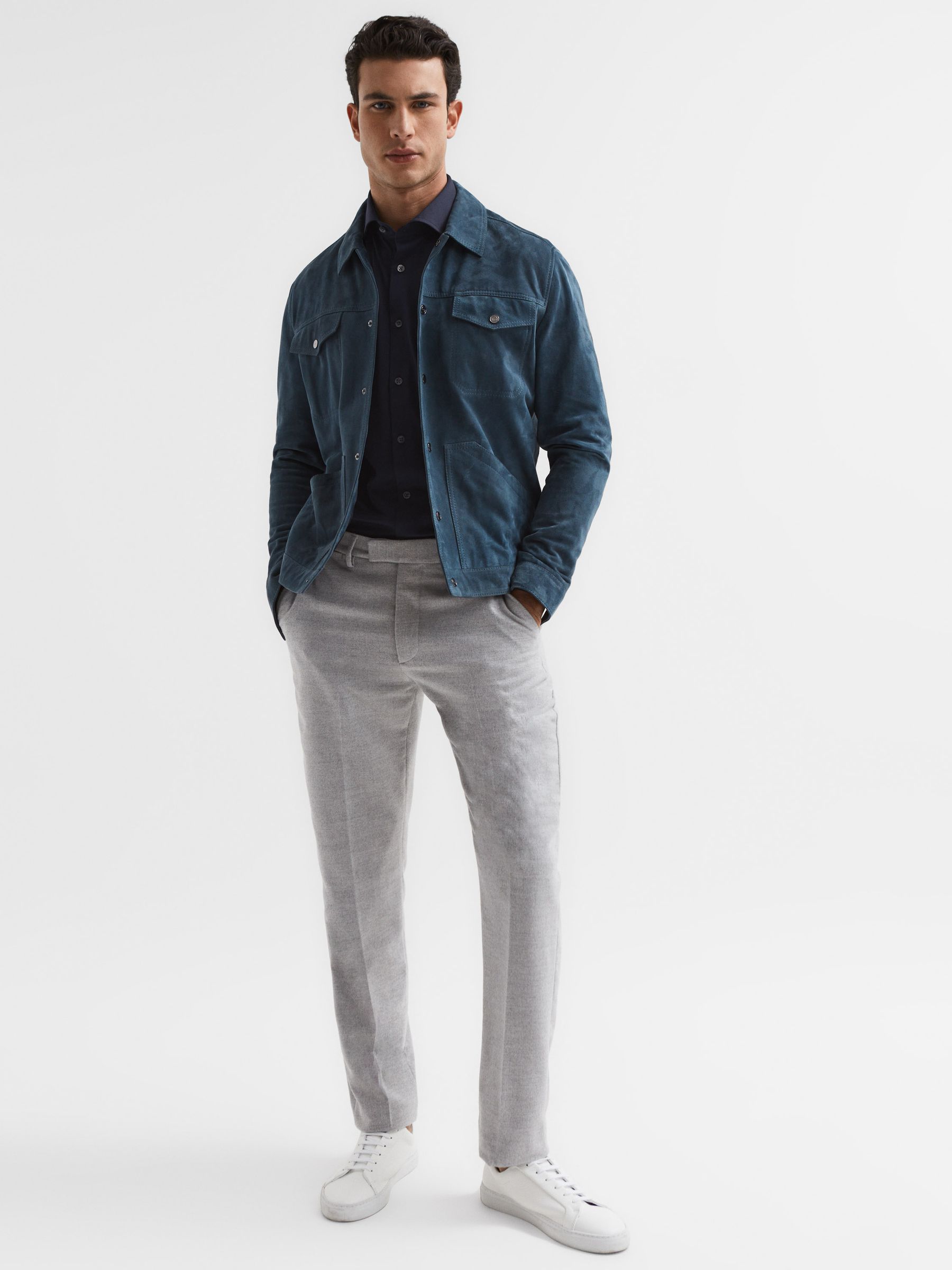 Nate Navy Cutaway Collar Jersey Slim Fit Shirt - Image 7 of 7