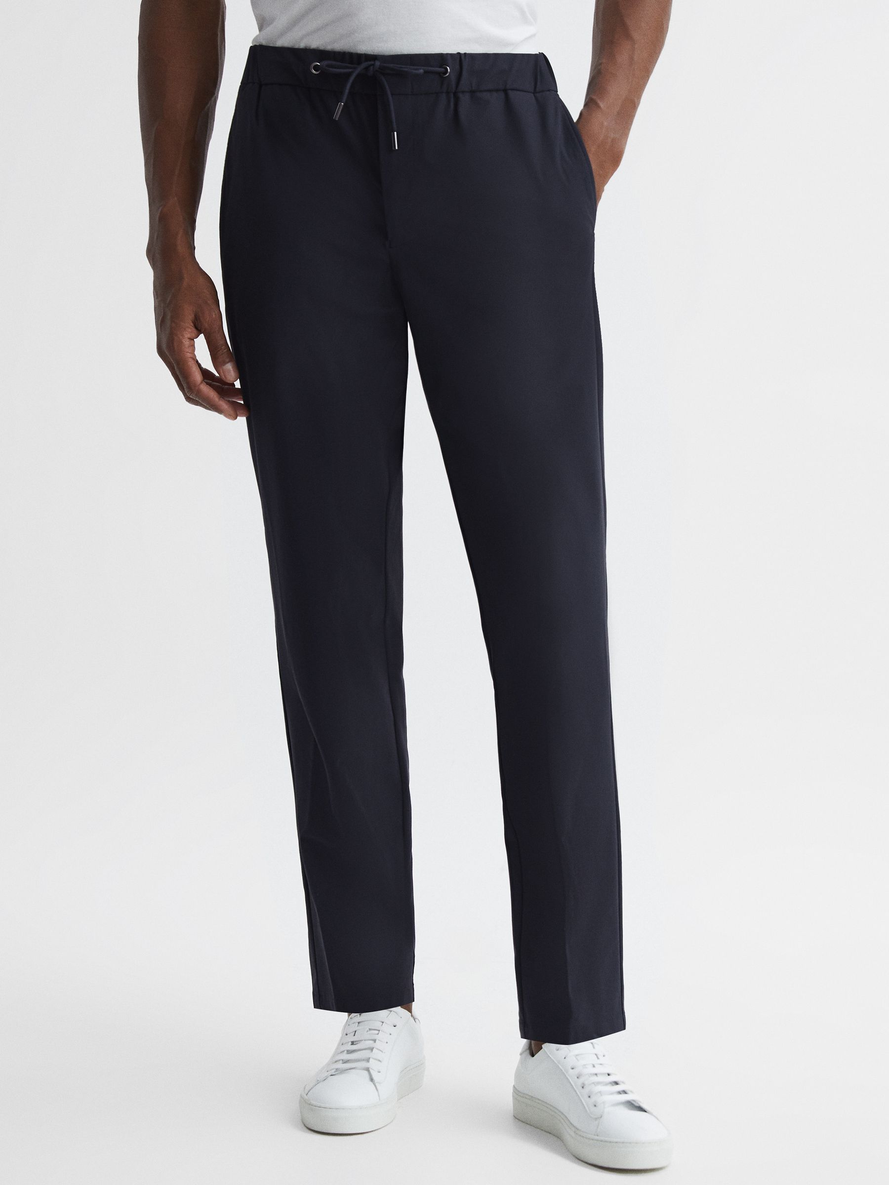 Slim Fit Drawstring Waistband Trousers in Navy - Image 1 of 6