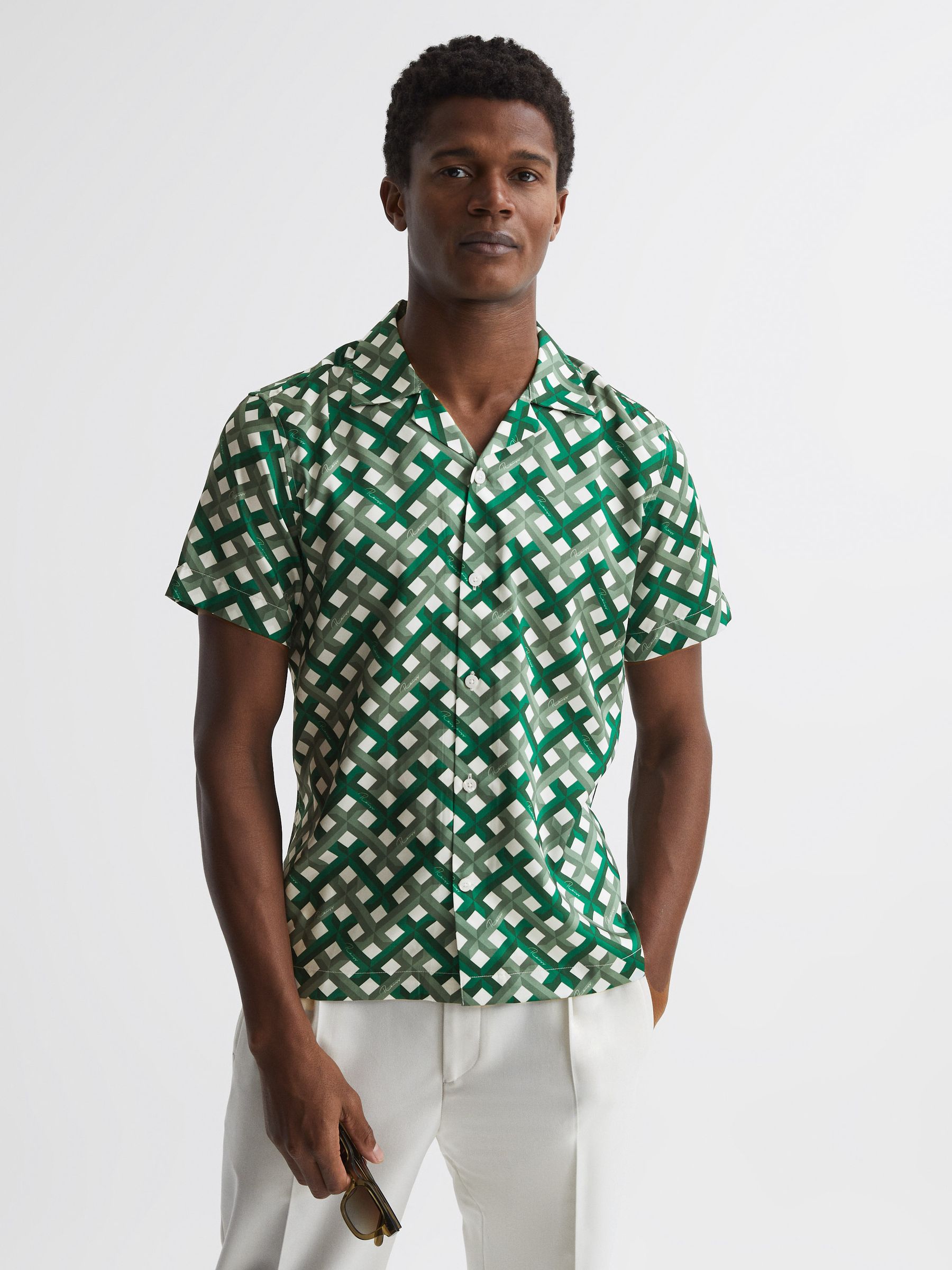 Slim Fit Cuban Collar Shirt in Green/Ivory - Image 1 of 1