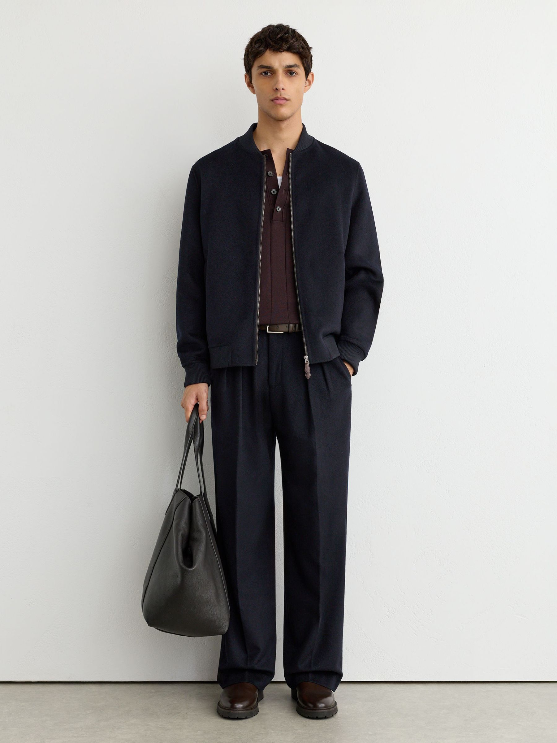 Wool-Blend Zip-Through Bomber Jacket in Navy - Image 1 of 7