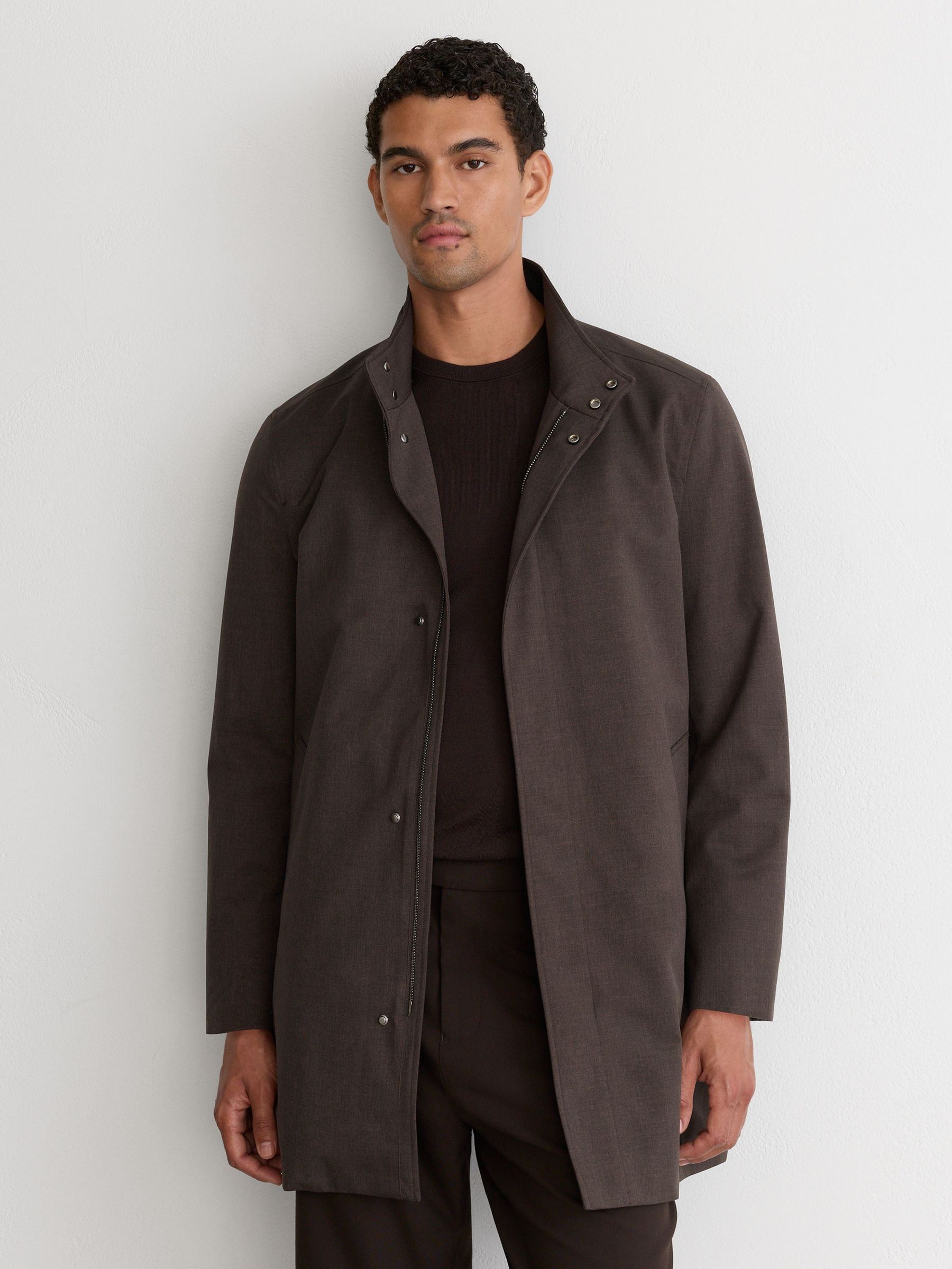 Hybrid Gilet-Insert Funnel-Neck Overcoat in Dark Brown - Image 1 of 9 Hybrid Gilet-Insert Funnel-Neck Overcoat in Dark Brown - Image 1 of 9