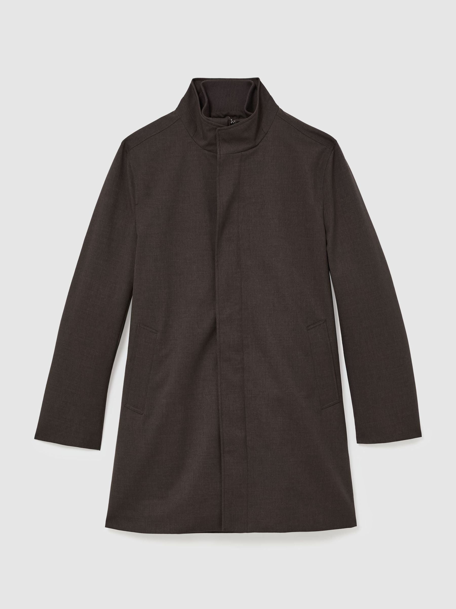 Hybrid Gilet-Insert Funnel-Neck Overcoat in Dark Brown - Image 2 of 9 Hybrid Gilet-Insert Funnel-Neck Overcoat in Dark Brown - Image 2 of 9