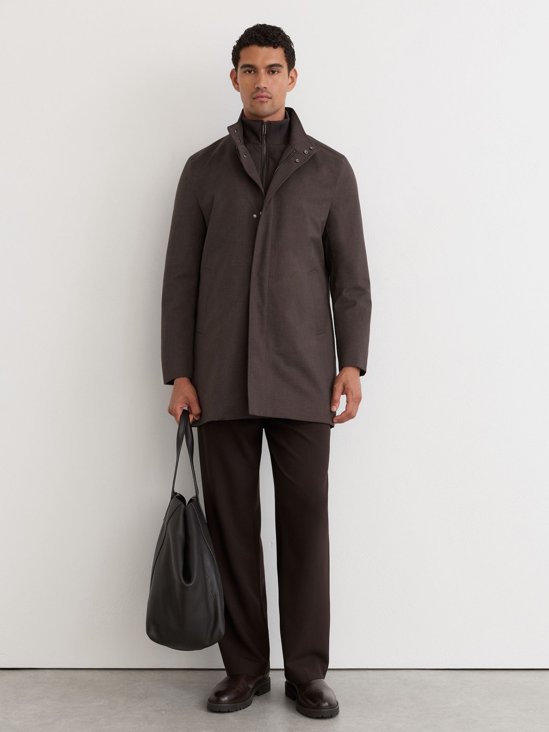 Hybrid Gilet-Insert Funnel-Neck Overcoat in Dark Brown - Image 3 of 9