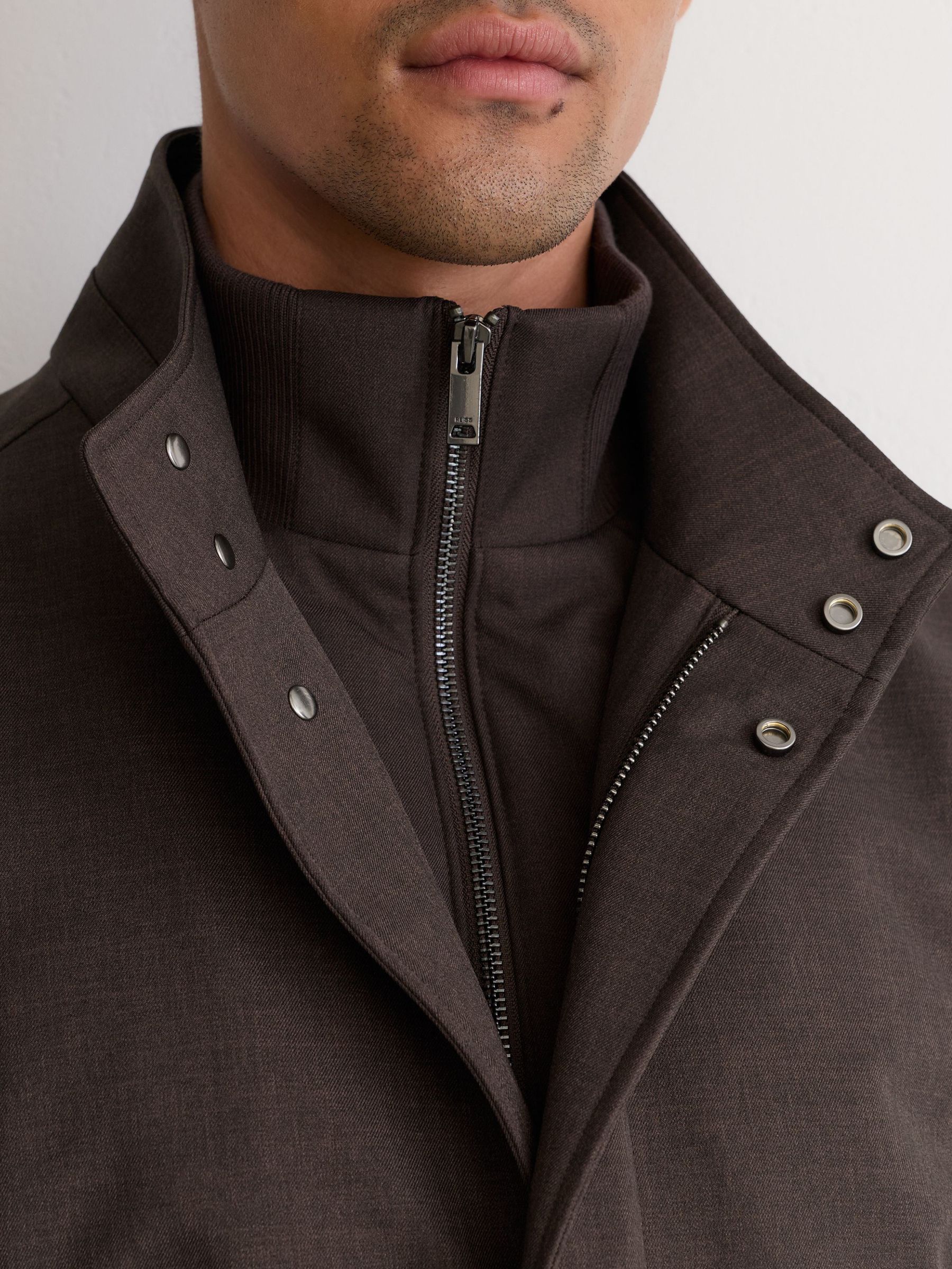 Hybrid Gilet-Insert Funnel-Neck Overcoat in Dark Brown - Image 4 of 9