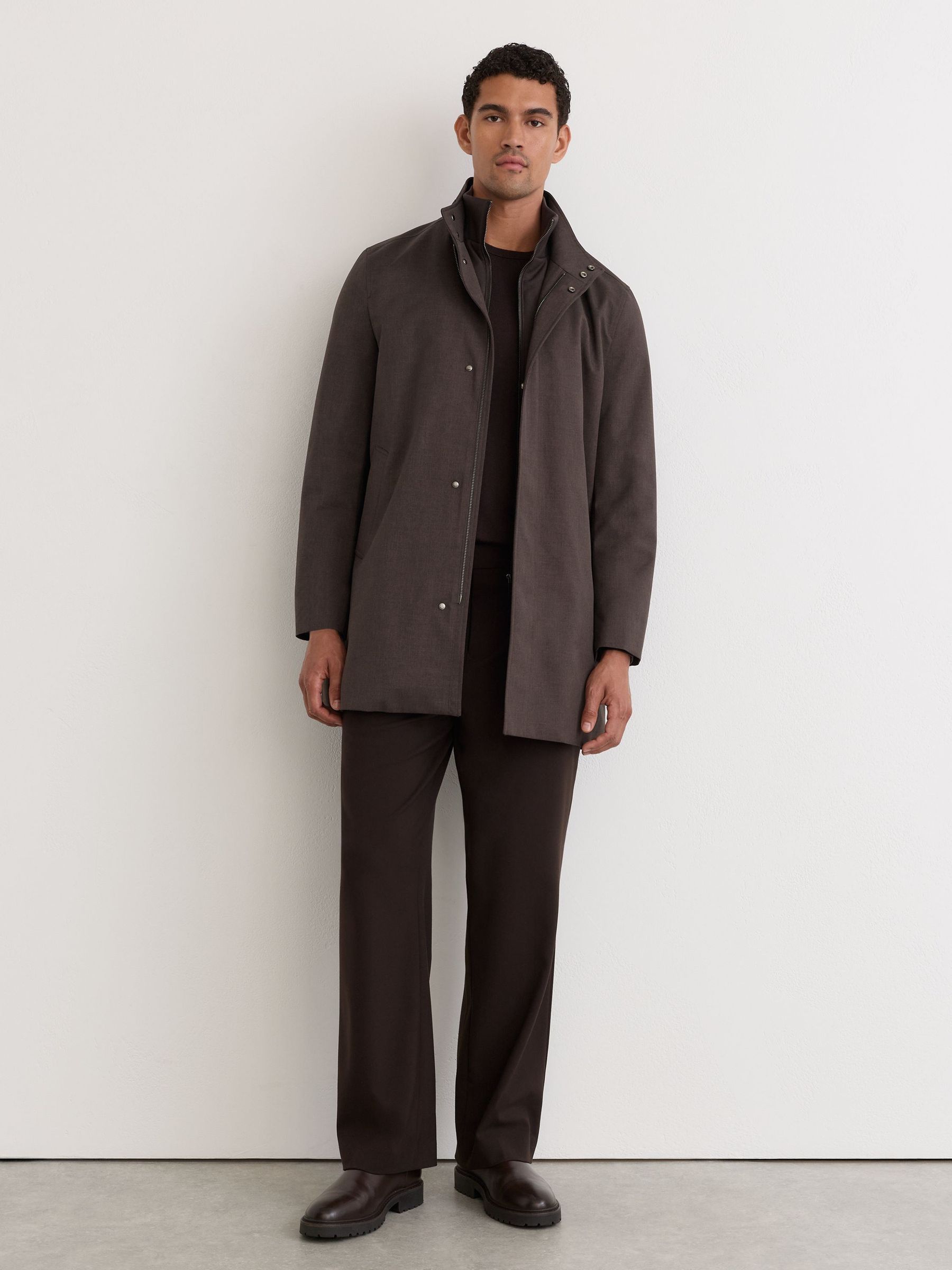 Hybrid Gilet-Insert Funnel-Neck Overcoat in Dark Brown - Image 6 of 9