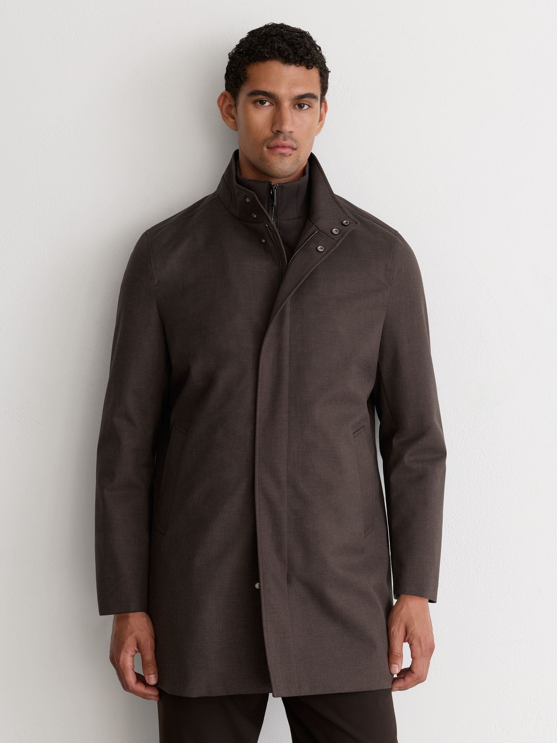 Hybrid Gilet-Insert Funnel-Neck Overcoat in Dark Brown - Image 7 of 9