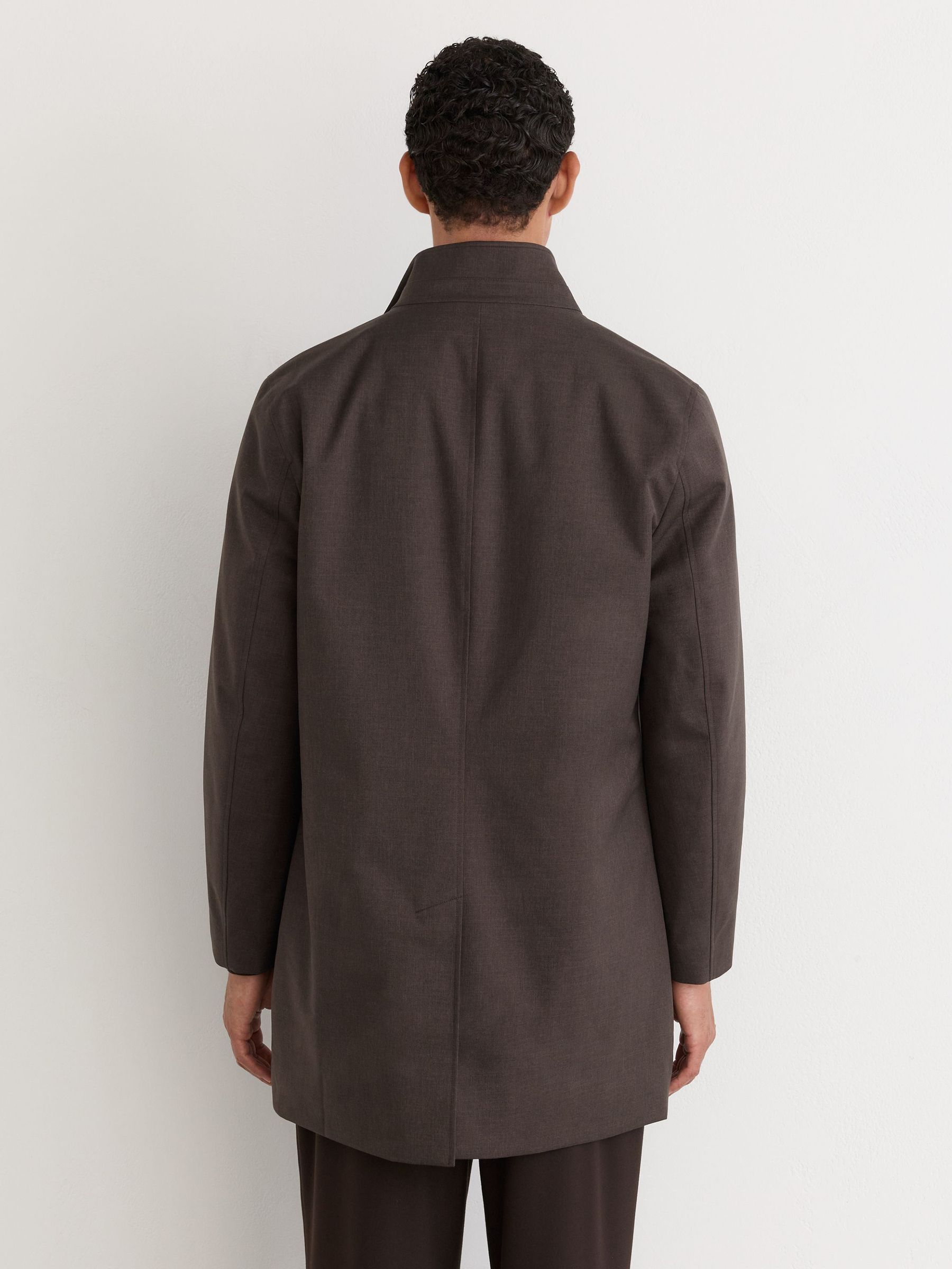 Hybrid Gilet-Insert Funnel-Neck Overcoat in Dark Brown - Image 8 of 9