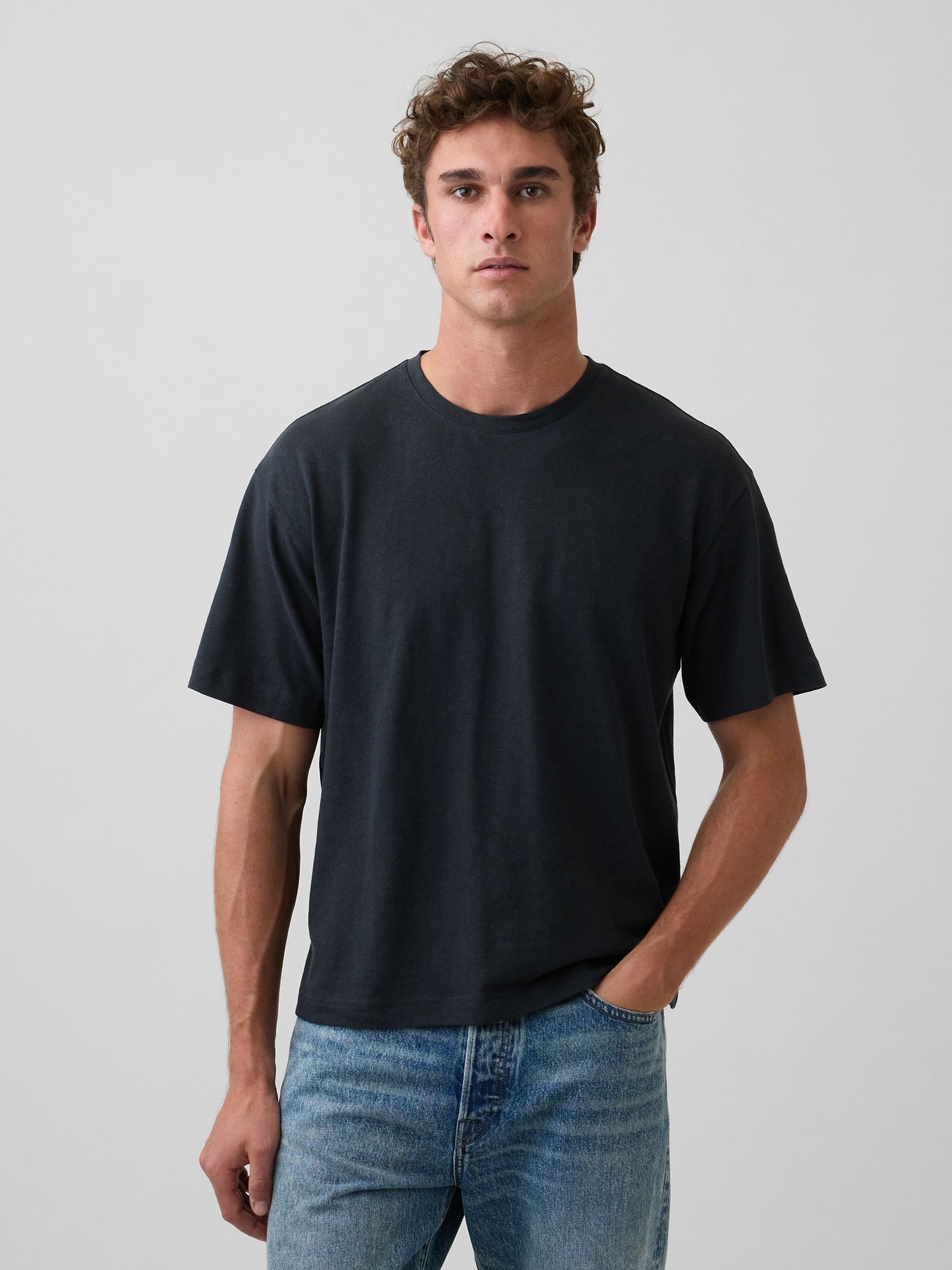 Black Linen-Cotton Oversized Boxy Short Sleeve T-Shirt - Image 1 of 4