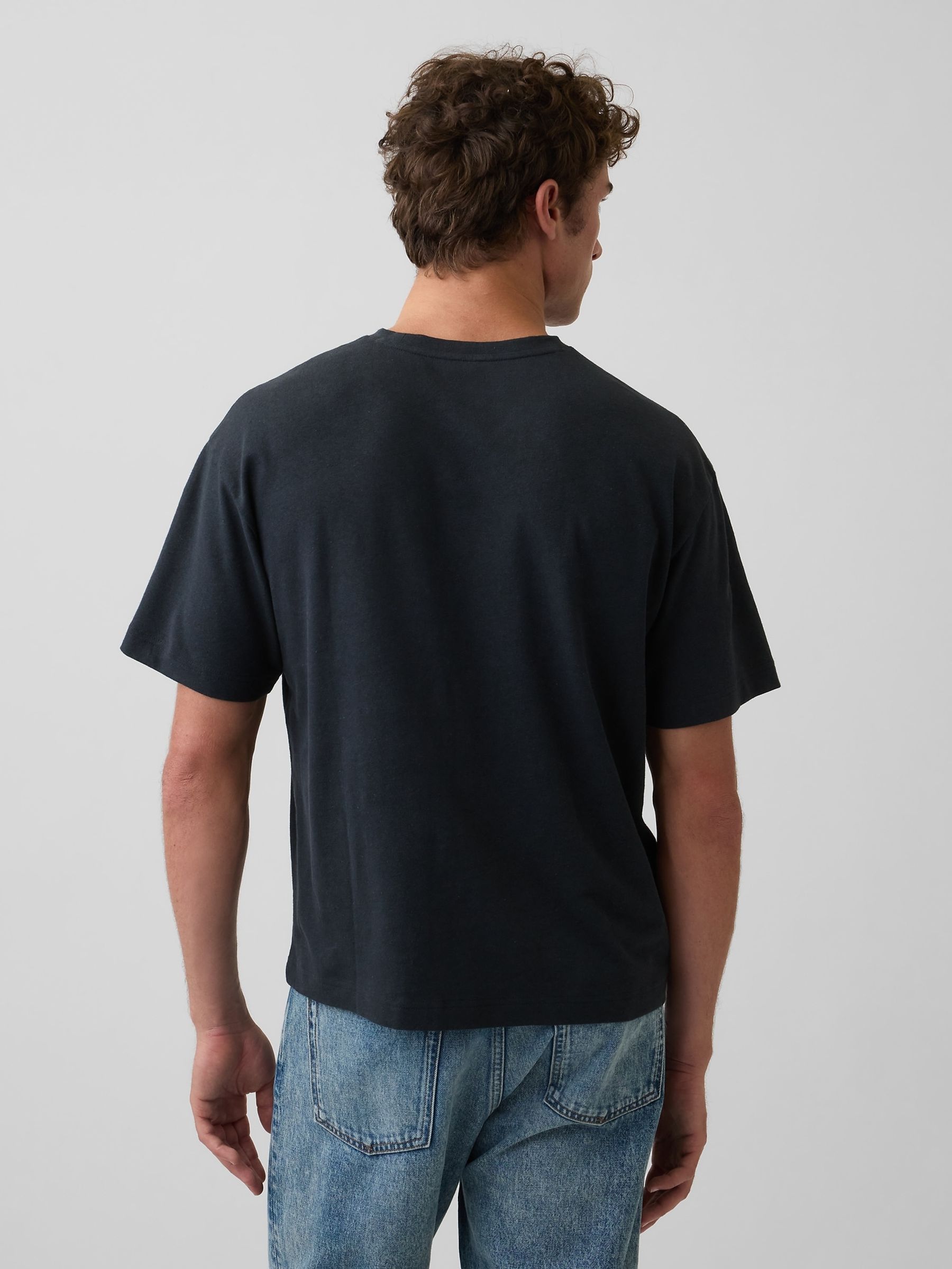 Black Linen-Cotton Oversized Boxy Short Sleeve T-Shirt - Image 2 of 4