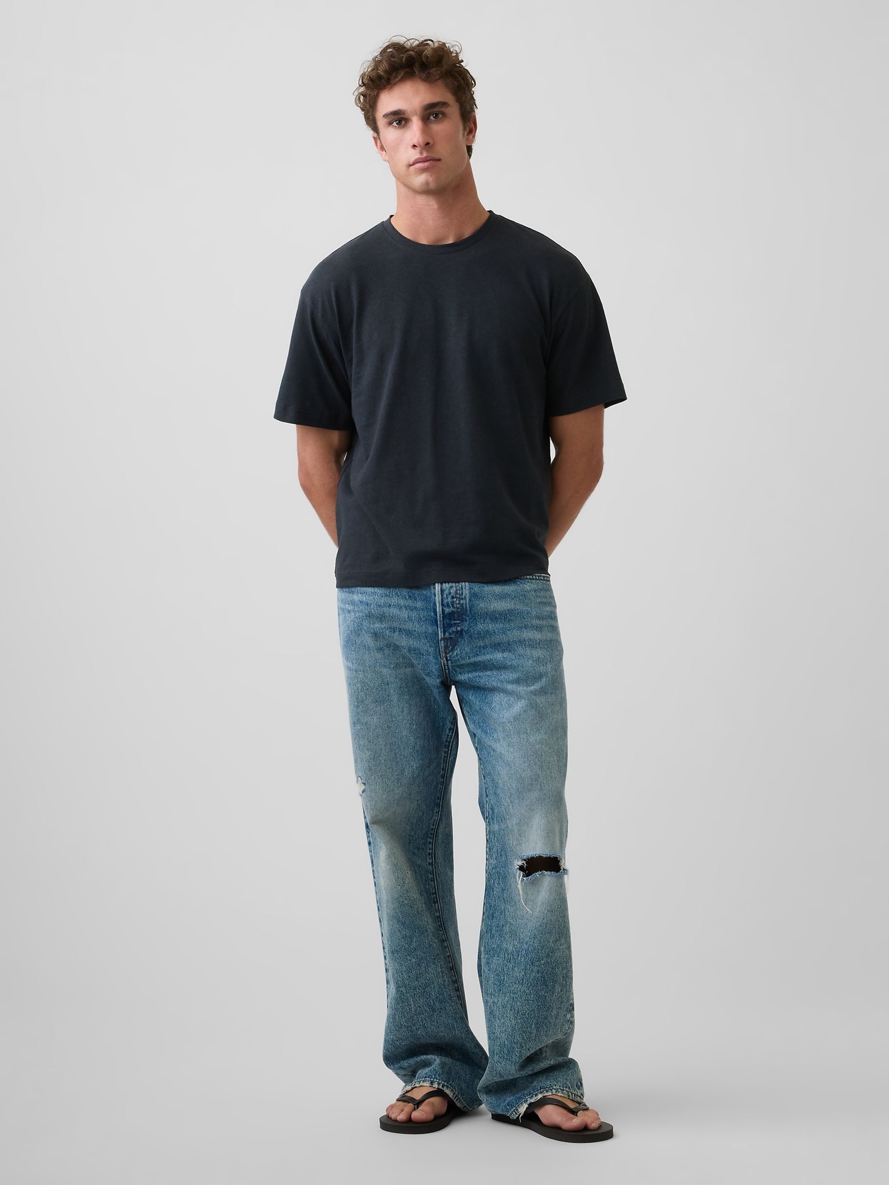 Black Linen-Cotton Oversized Boxy Short Sleeve T-Shirt - Image 3 of 4