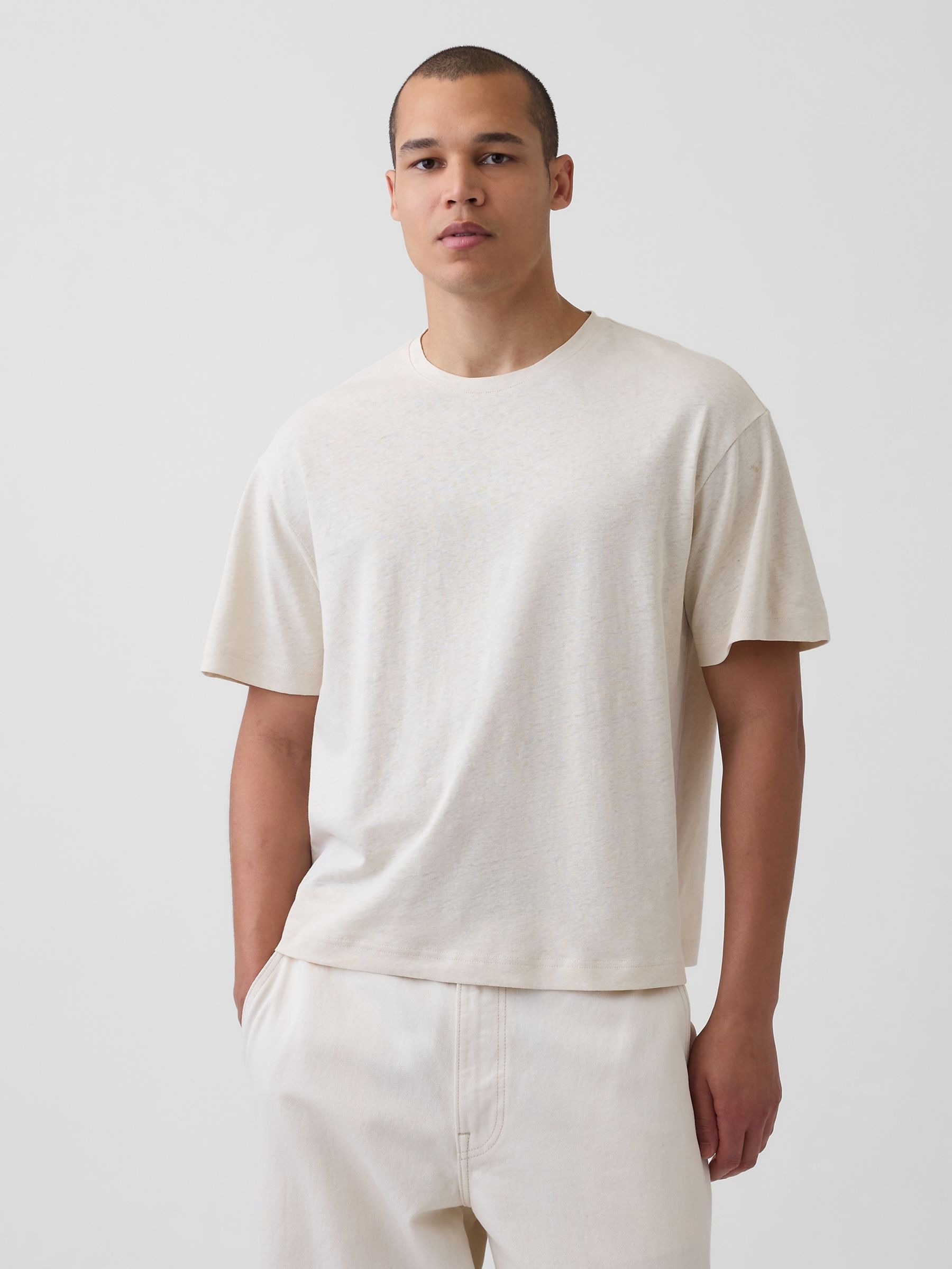 Cream Linen-Cotton Oversized Boxy Short Sleeve T-Shirt - Image 1 of 4