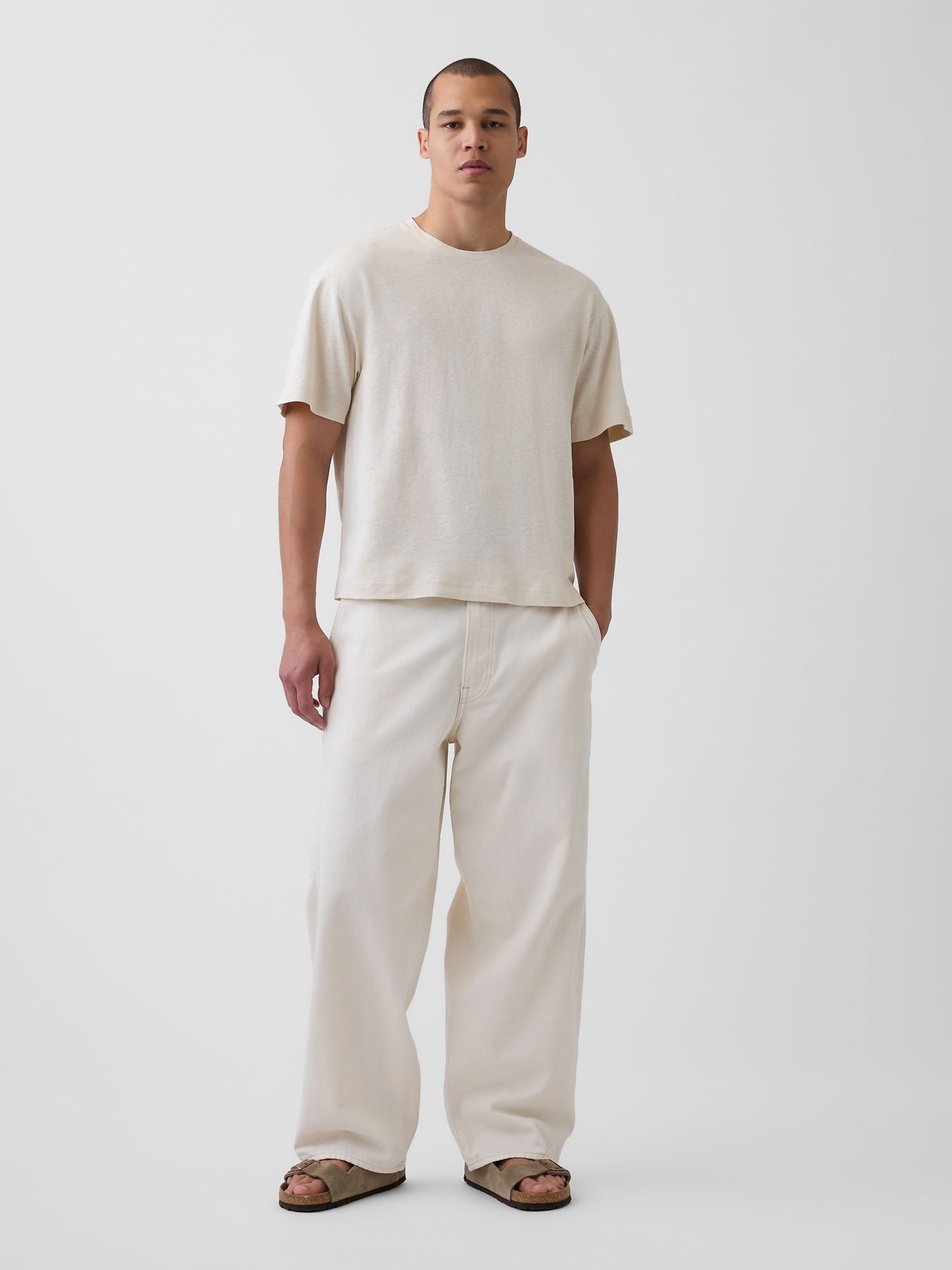 Cream Linen-Cotton Oversized Boxy Short Sleeve T-Shirt - Image 3 of 4