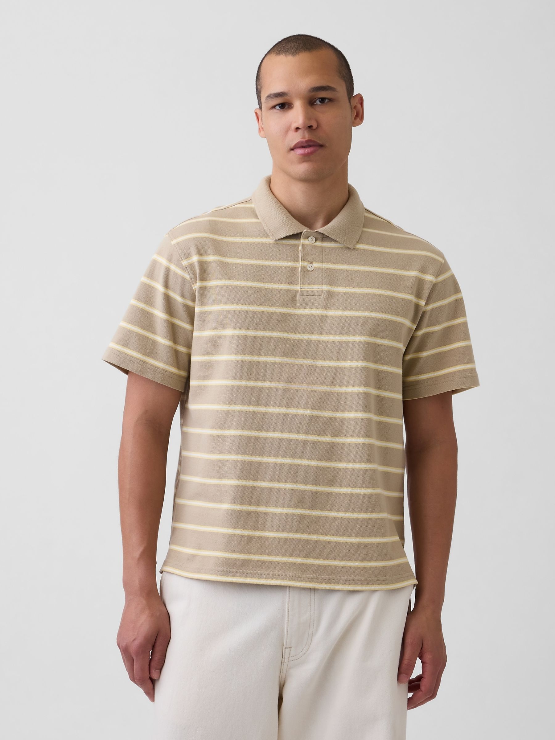 Beige stripe Relaxed Pique Polo Shirt - Image 1 of 4