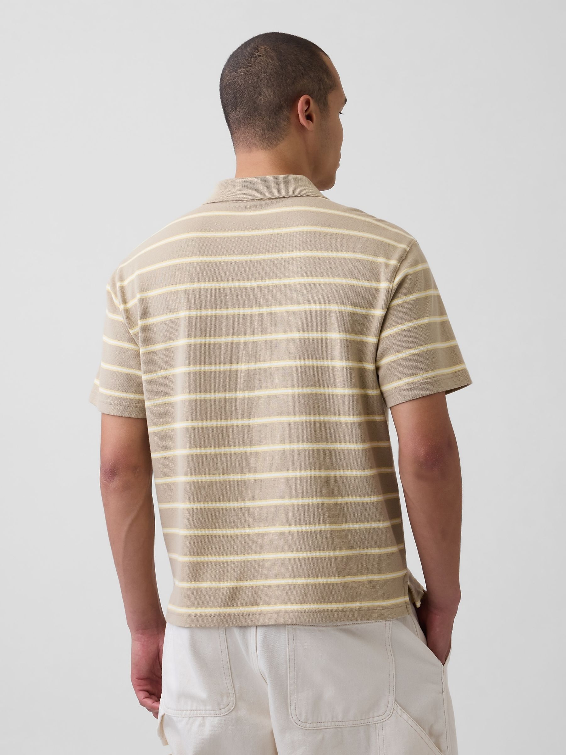 Beige stripe Relaxed Pique Polo Shirt - Image 2 of 4