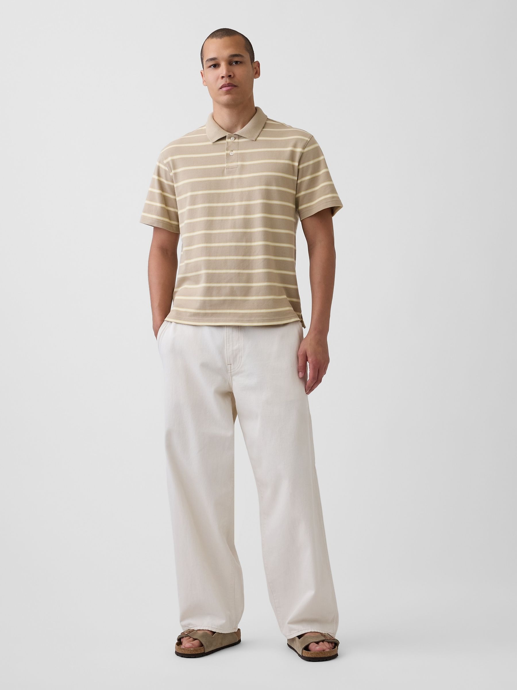 Beige stripe Relaxed Pique Polo Shirt - Image 3 of 4