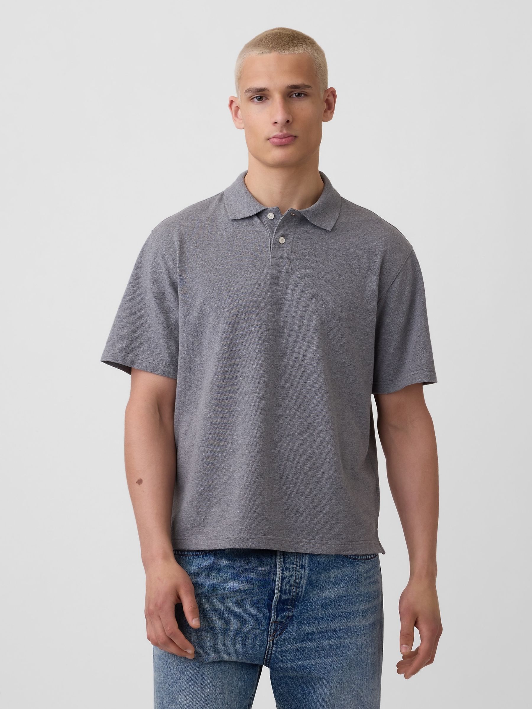 Grey Relaxed Pique Polo Shirt - Image 1 of 4 Grey Relaxed Pique Polo Shirt - Image 1 of 4