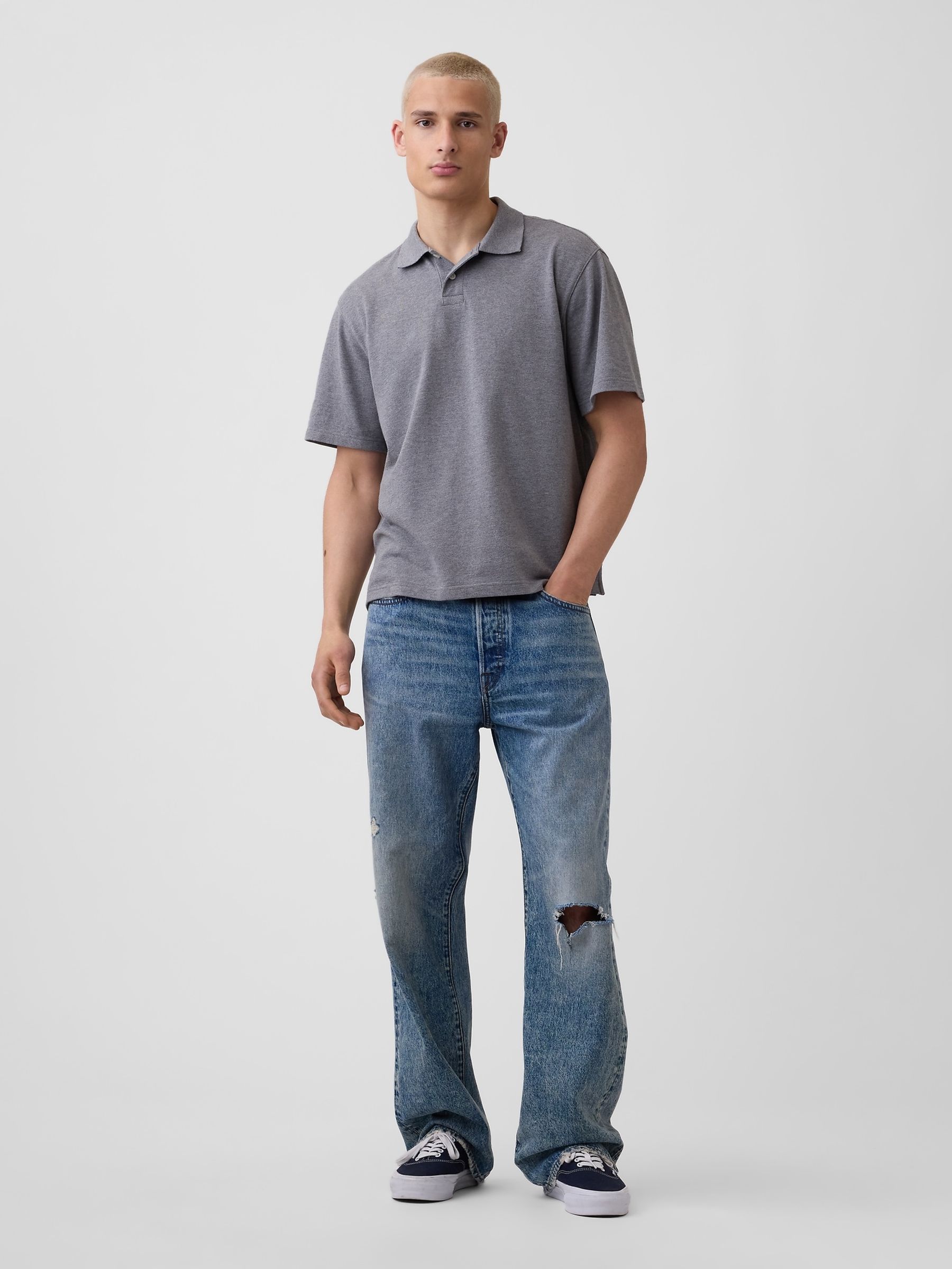 Grey Relaxed Pique Polo Shirt - Image 3 of 4