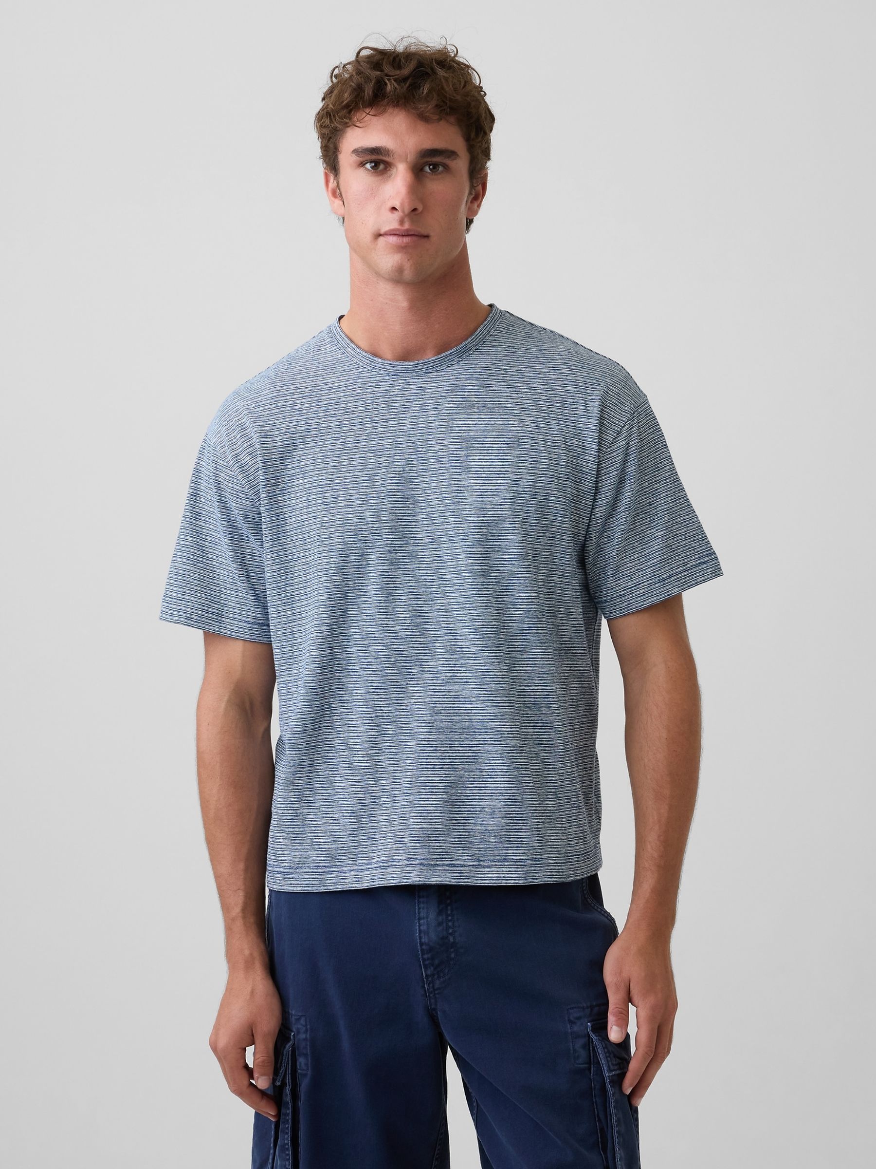 Blue Stripe Linen-Cotton Oversized Boxy Short Sleeve T-Shirt - Image 1 of 3