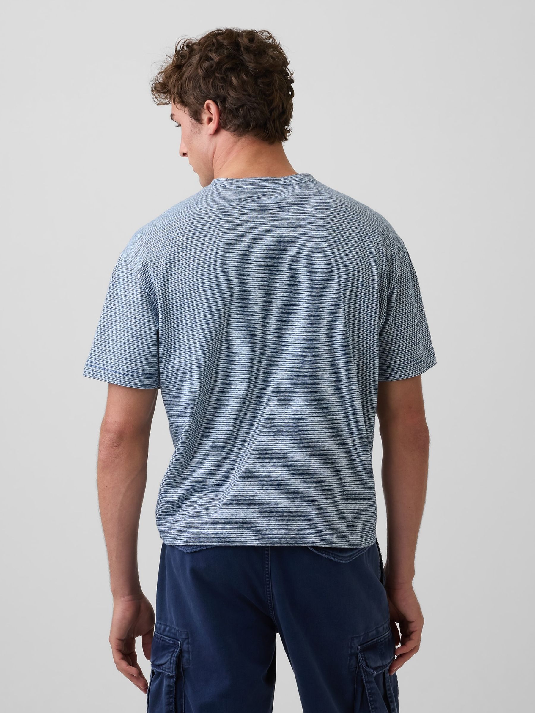 Blue Stripe Linen-Cotton Oversized Boxy Short Sleeve T-Shirt - Image 2 of 3