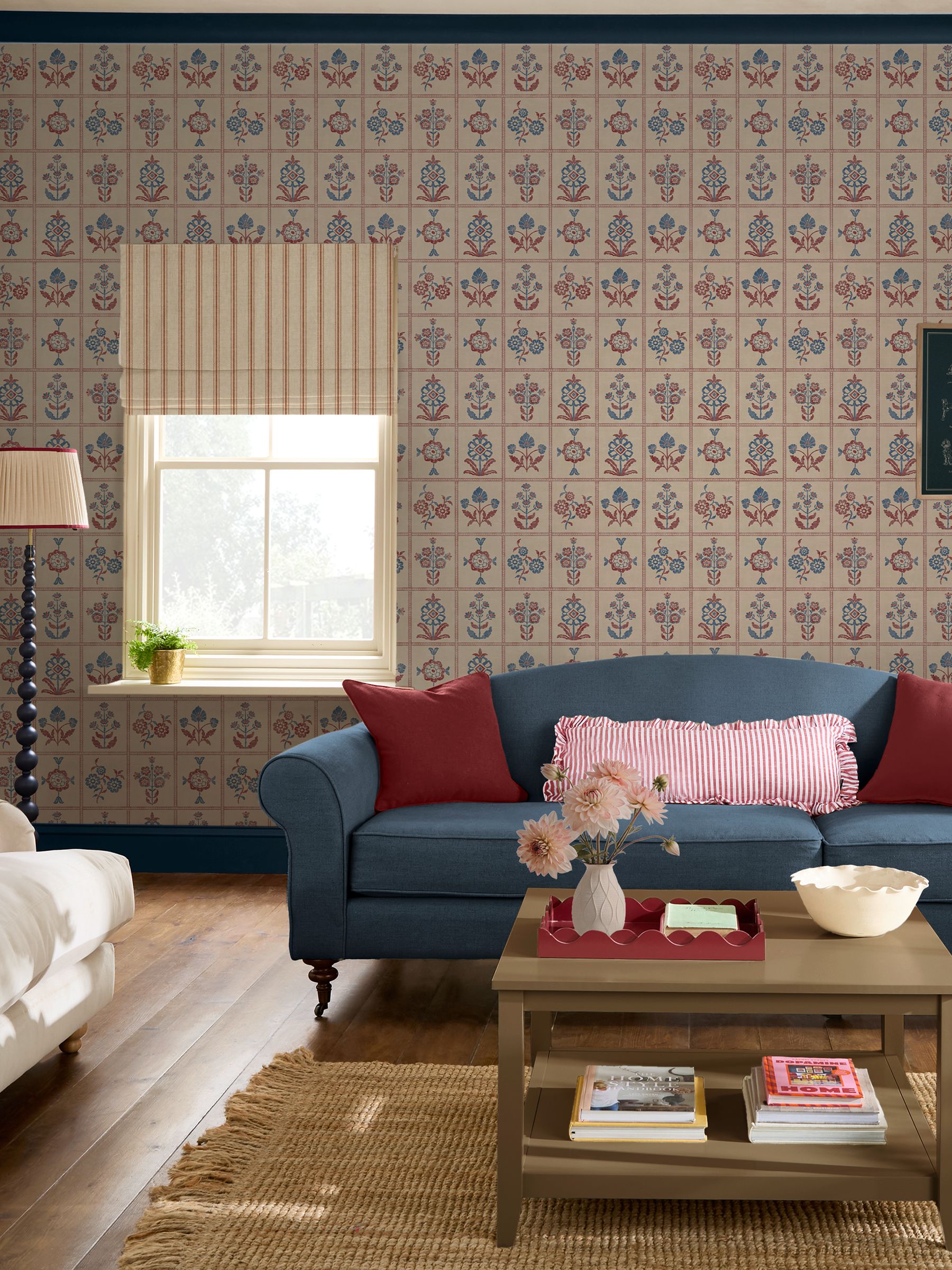 Red Blue Garden Floral Grid A4 Wallpaper Sample - Image 1 of 5