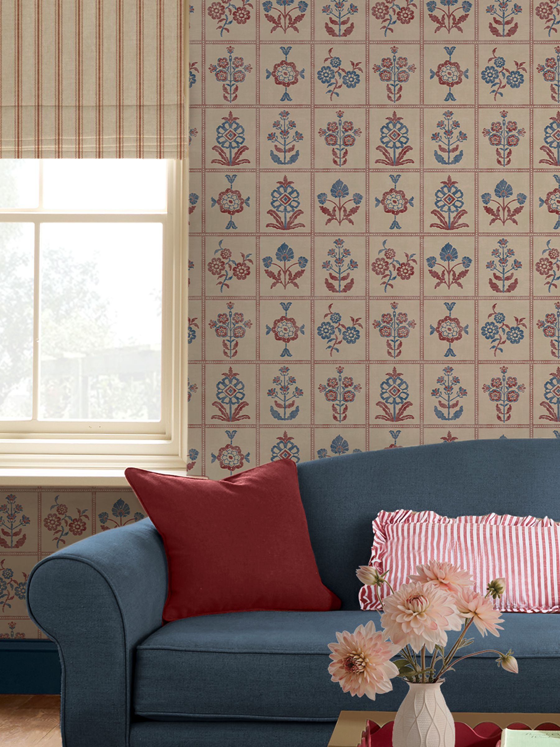 Red Blue Garden Floral Grid A4 Wallpaper Sample - Image 2 of 5