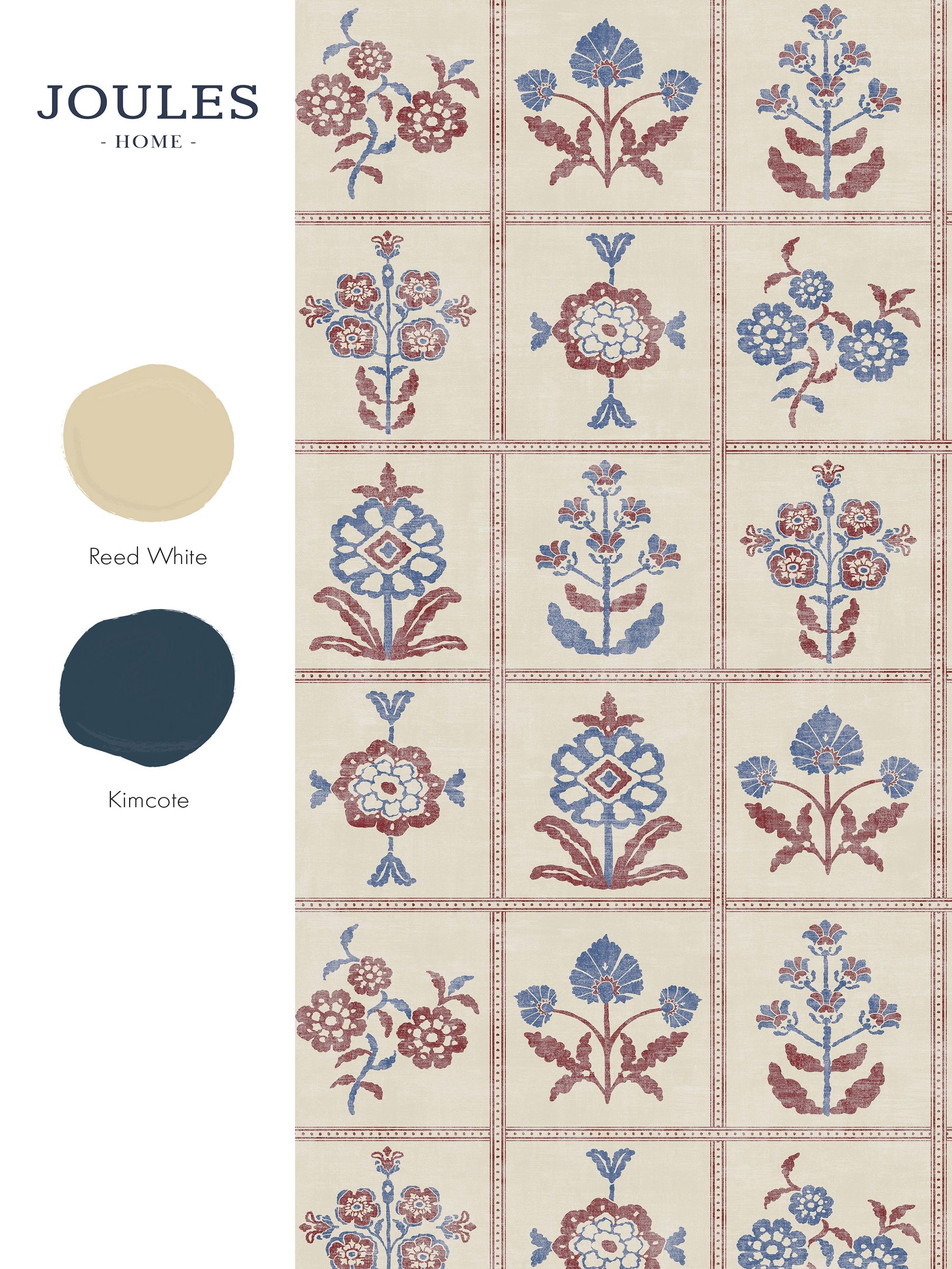 Red Blue Garden Floral Grid A4 Wallpaper Sample - Image 5 of 5