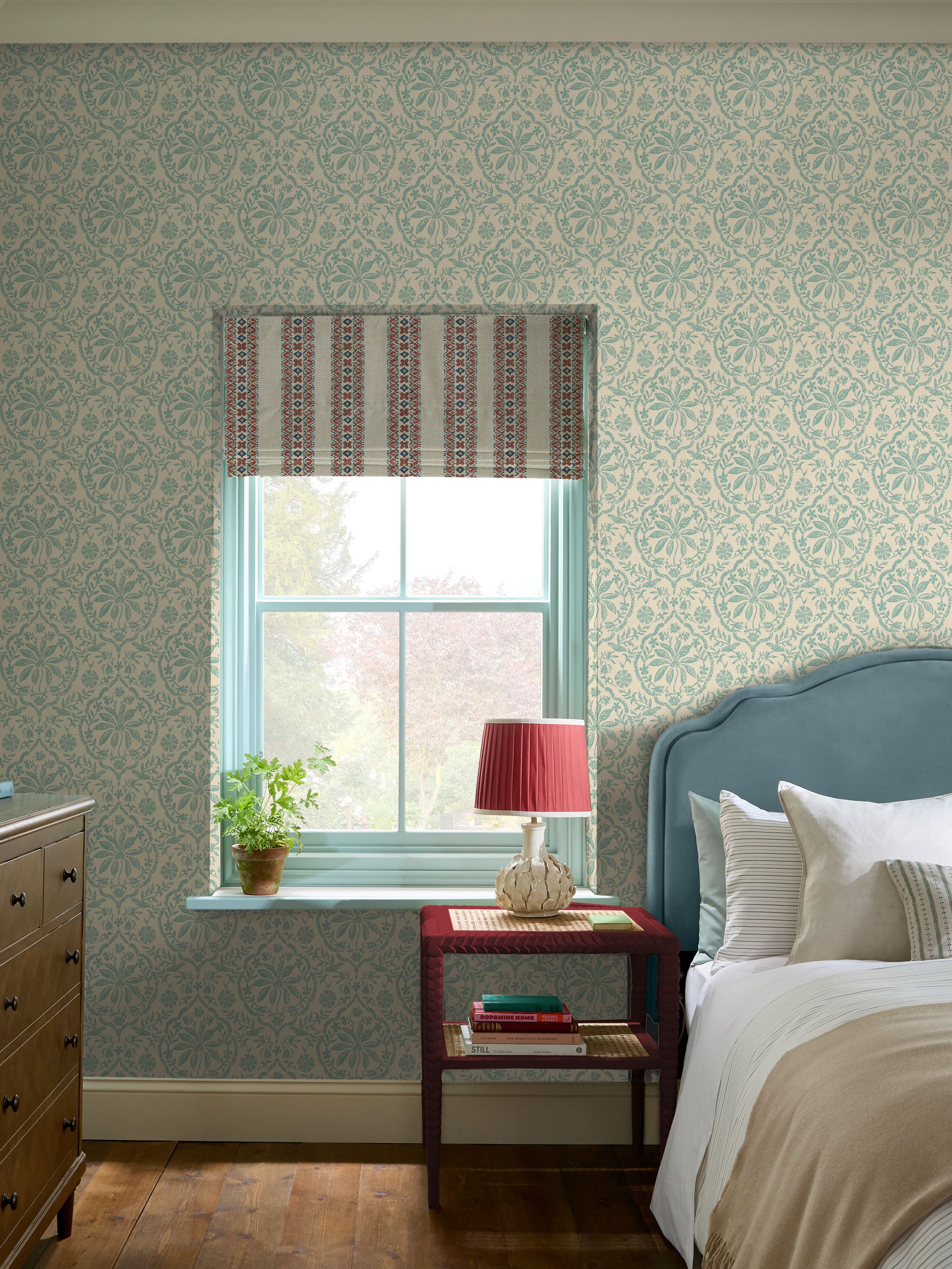 Cream Duck Egg Blue Indienne Palm A4 Wallpaper Sample - Image 1 of 5