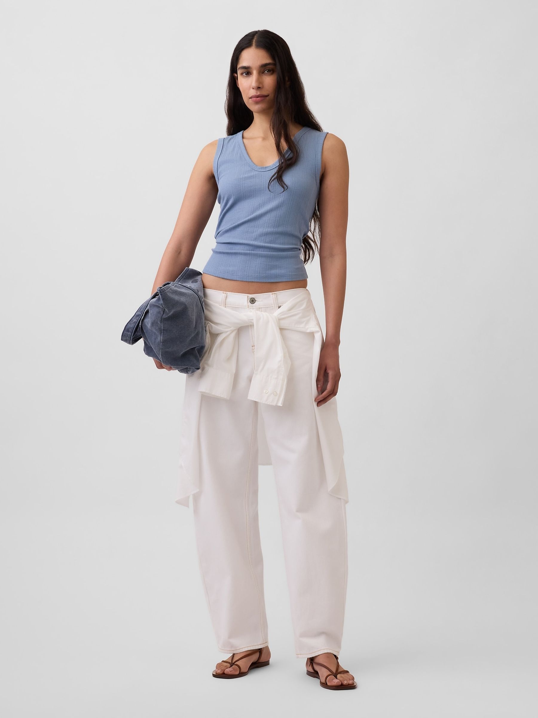 Light Blue Modern Rib Scoop V-Neck Vest - Image 3 of 4