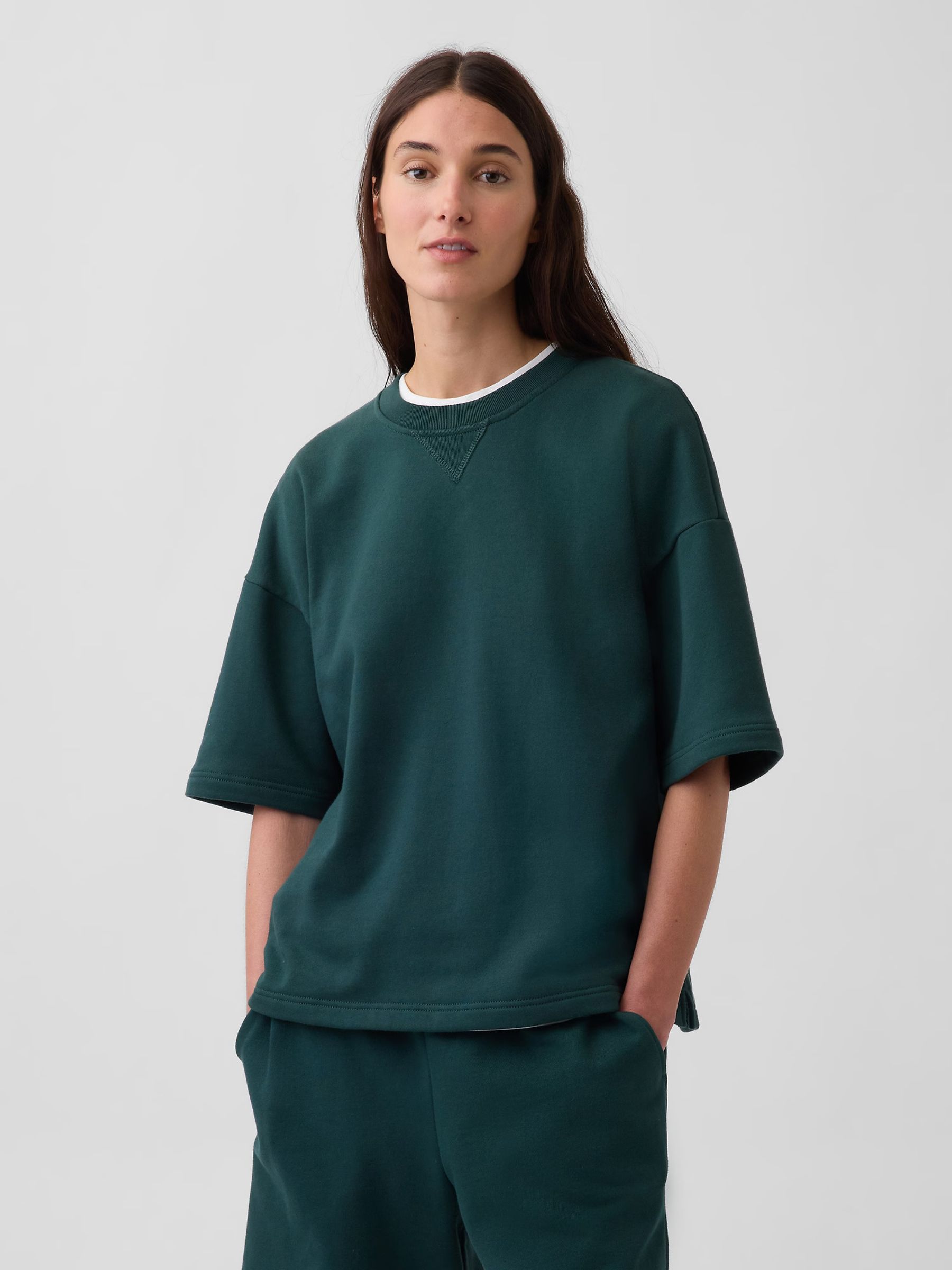 Green Heavyweight French Terry Oversized Short Sleeve Sweatshirt - Image 1 of 5