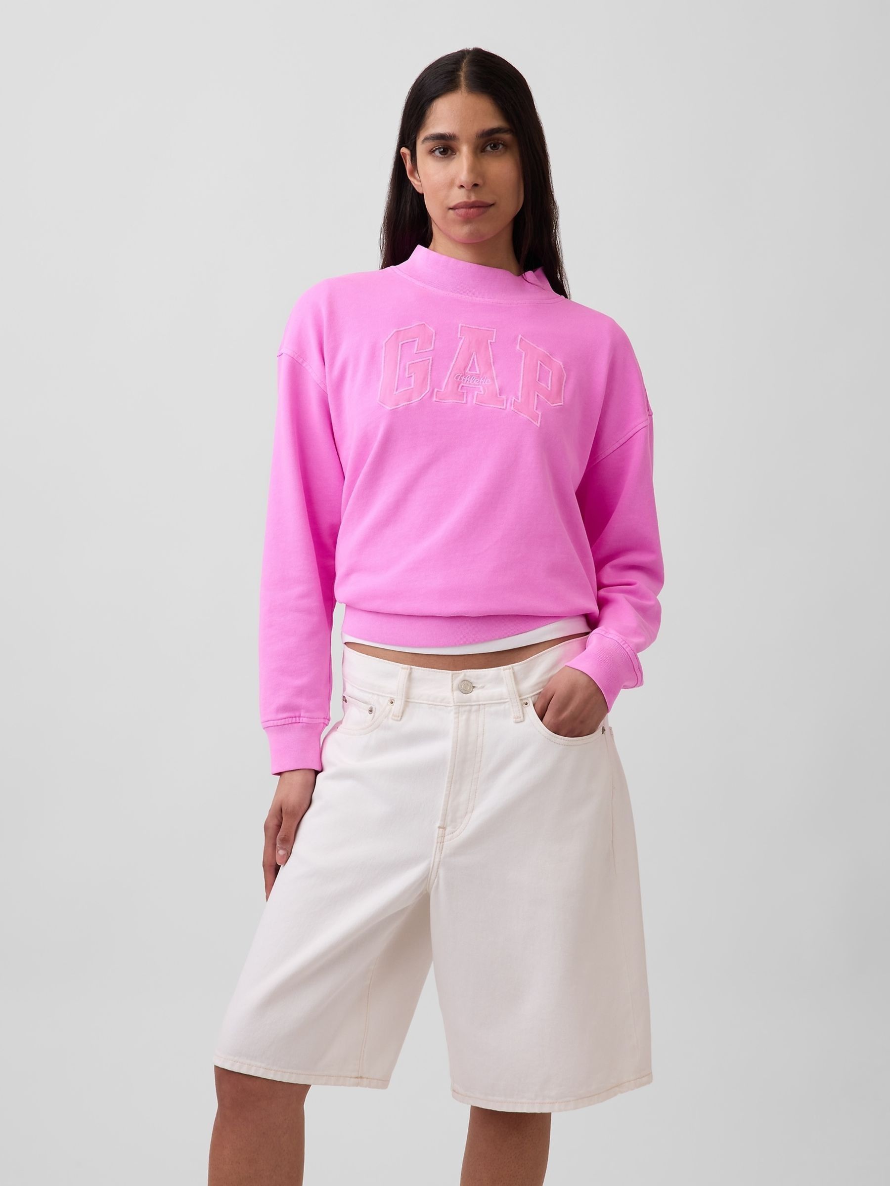 Bright Pink VintageSoft Terry Oversized Mock Neck Logo Sweatshirt - Image 1 of 4 Bright Pink VintageSoft Terry Oversized Mock Neck Logo Sweatshirt - Image 1 of 4