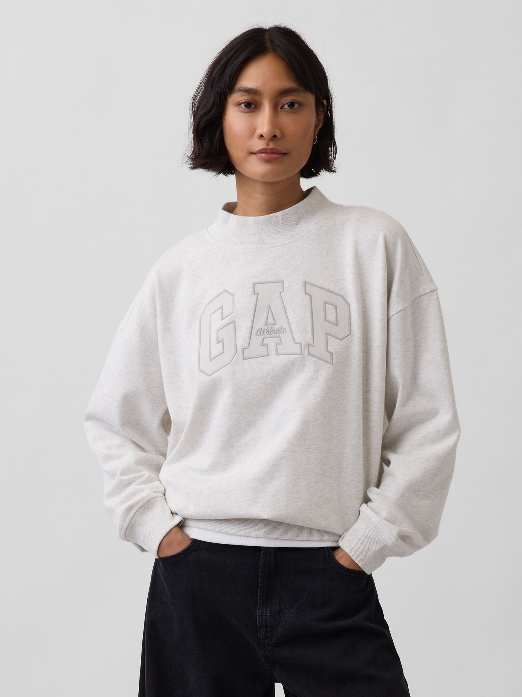 Grey VintageSoft Terry Oversized Mock Neck Logo Sweatshirt - Image 1 of 3 Grey VintageSoft Terry Oversized Mock Neck Logo Sweatshirt - Image 1 of 3