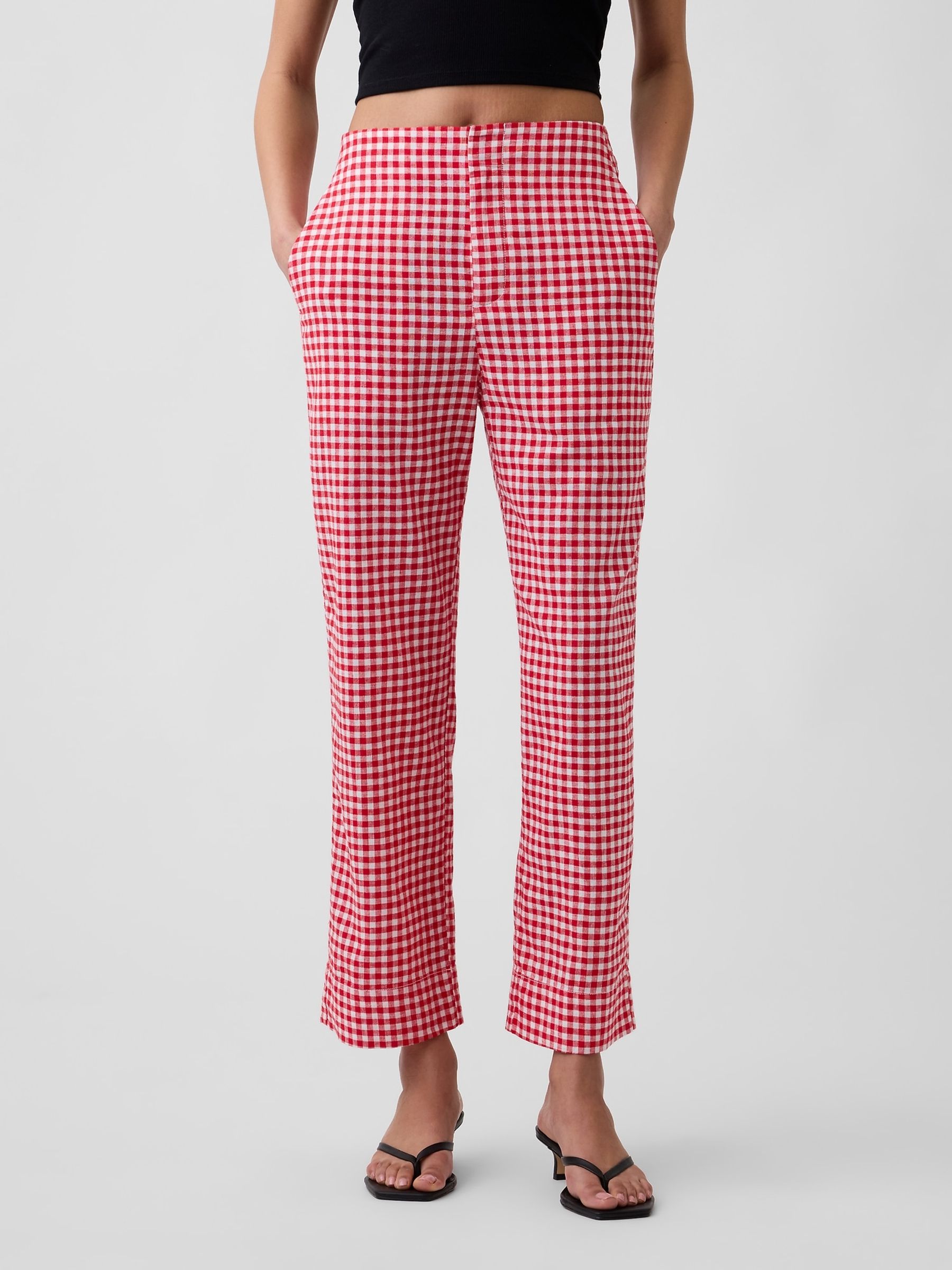 Red Gingham High Waisted Linen-Blend Straight Crop Trousers - Image 1 of 4