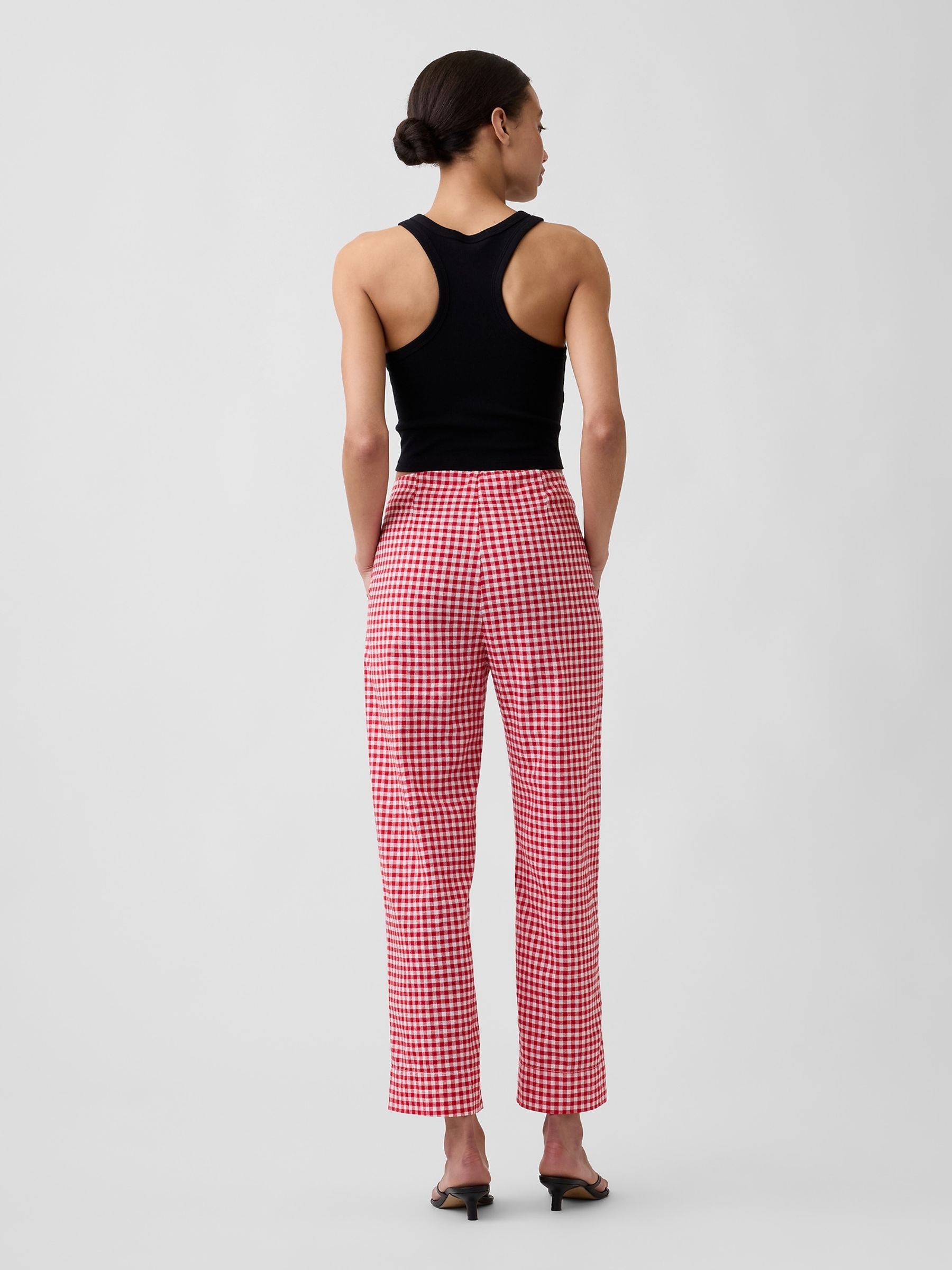 Red Gingham High Waisted Linen-Blend Straight Crop Trousers - Image 2 of 4