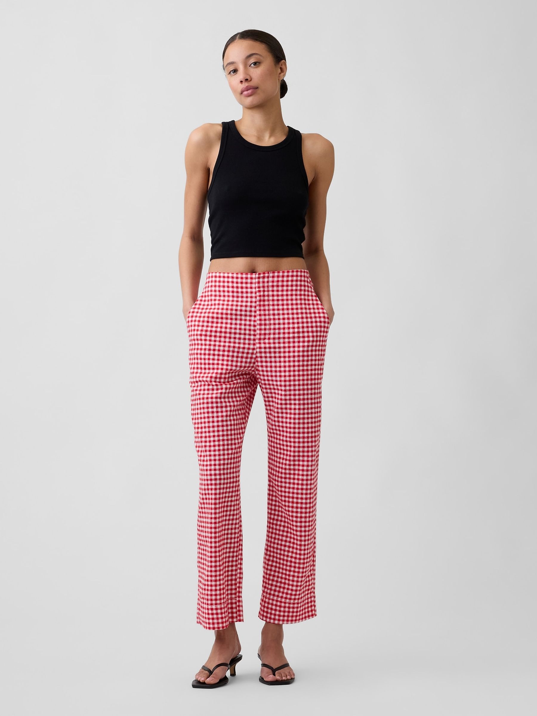 Red Gingham High Waisted Linen-Blend Straight Crop Trousers - Image 3 of 4