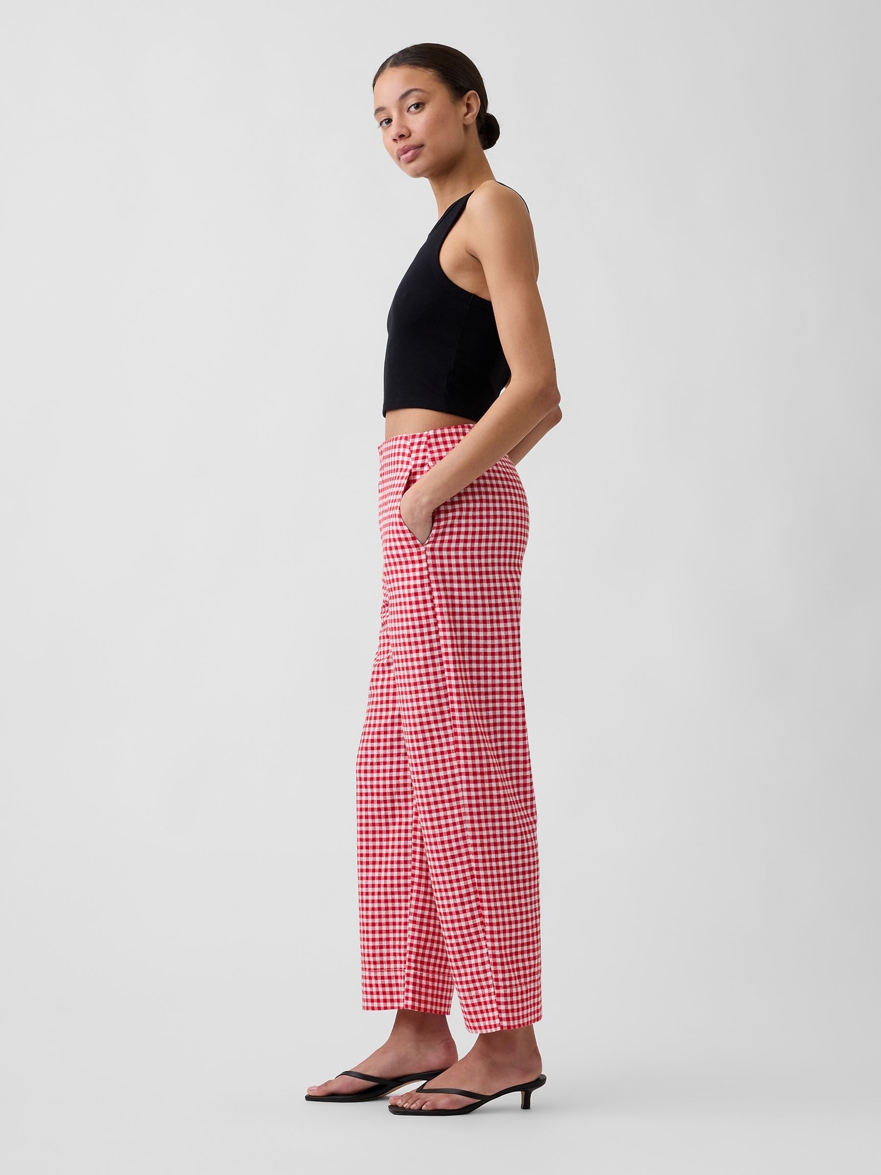 Red Gingham High Waisted Linen-Blend Straight Crop Trousers - Image 4 of 4