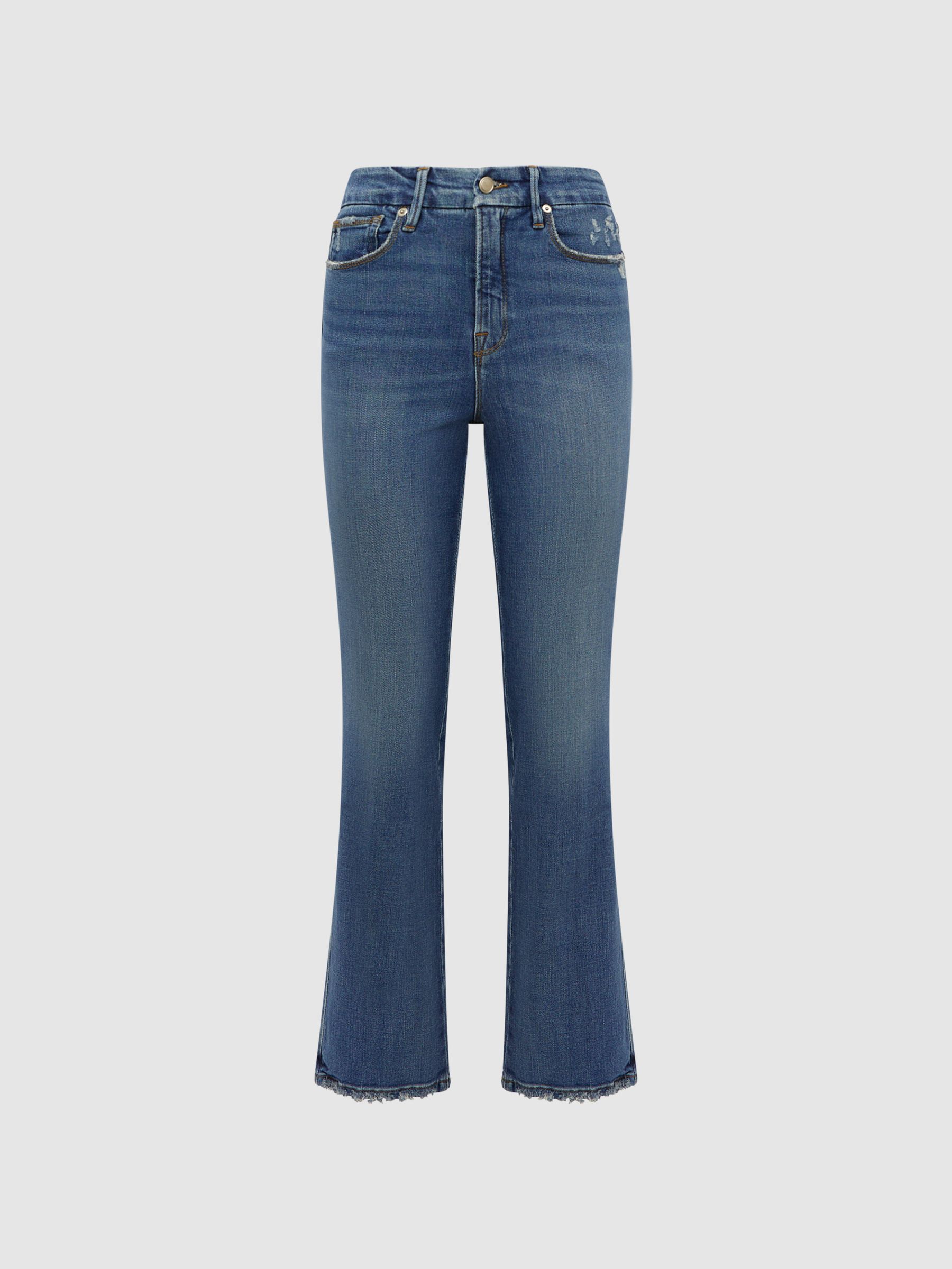 Good American Distressed Straight Leg Jeans in Mid Blue - Image 2 of 6