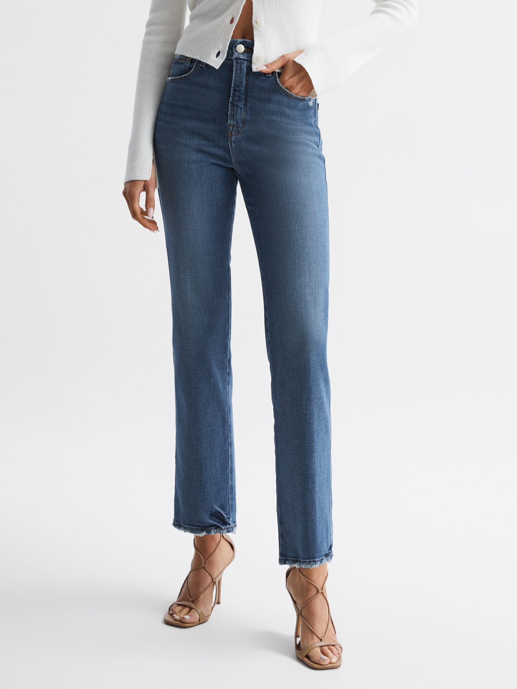 Good American Distressed Straight Leg Jeans in Mid Blue - Image 3 of 6