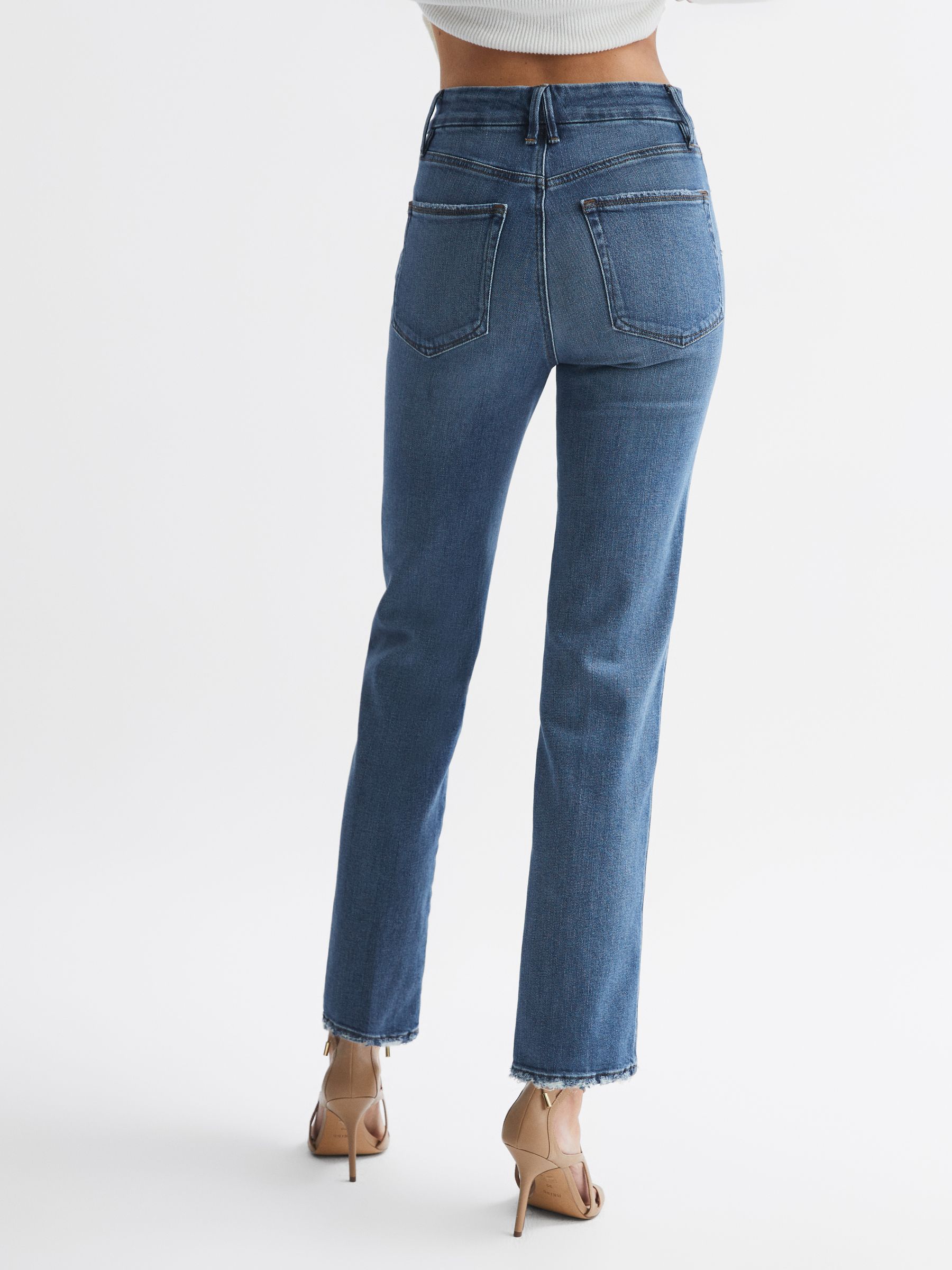 Good American Distressed Straight Leg Jeans in Mid Blue - Image 5 of 6